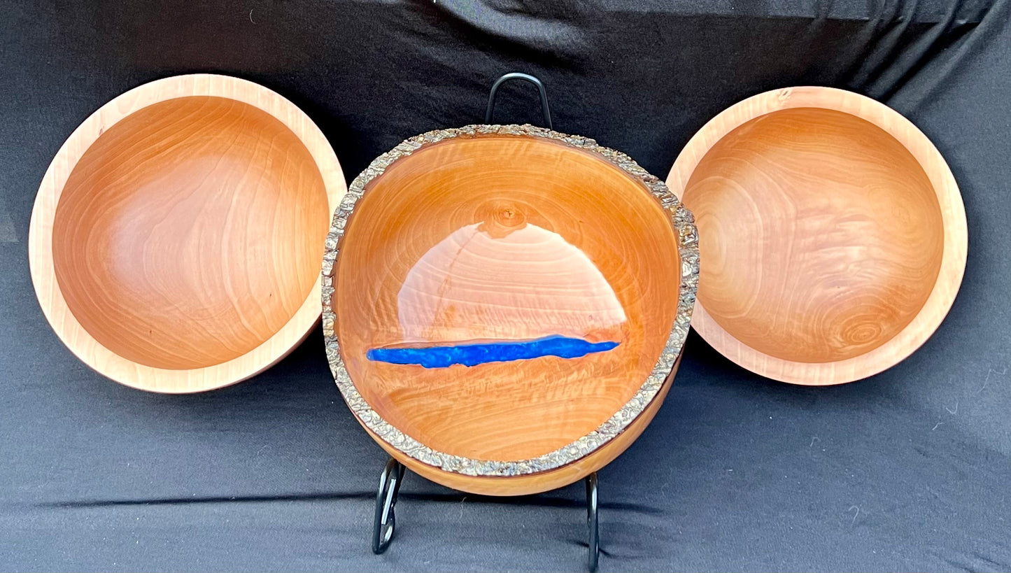 Hand turned Bradford Pear Bowl Live Edge Bowl with Blue center