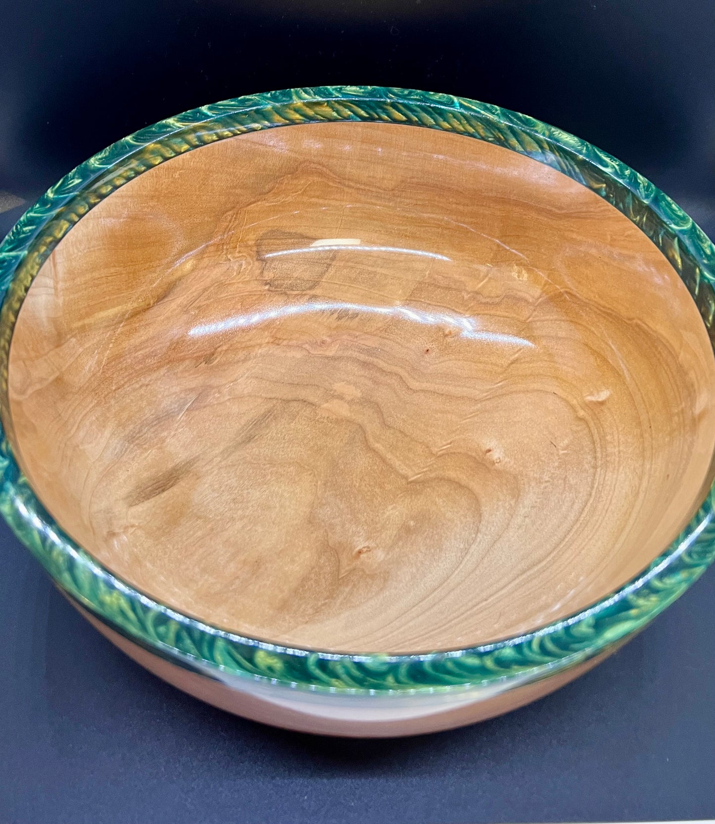 Hand turned curly Maple Bowl with Green and Gold rim