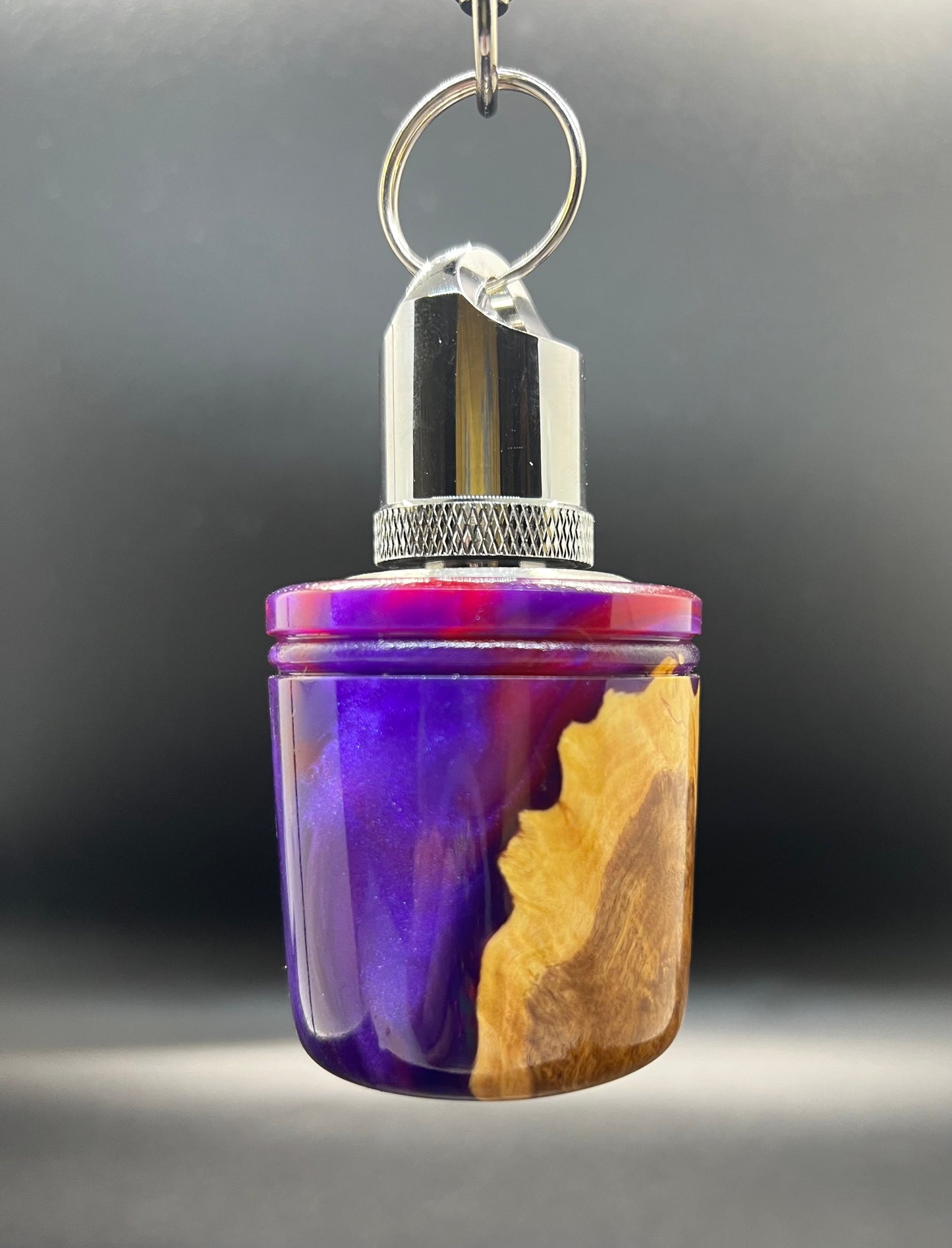 Flask Keychain-Mallee Burl-Magenta and Purple Resin