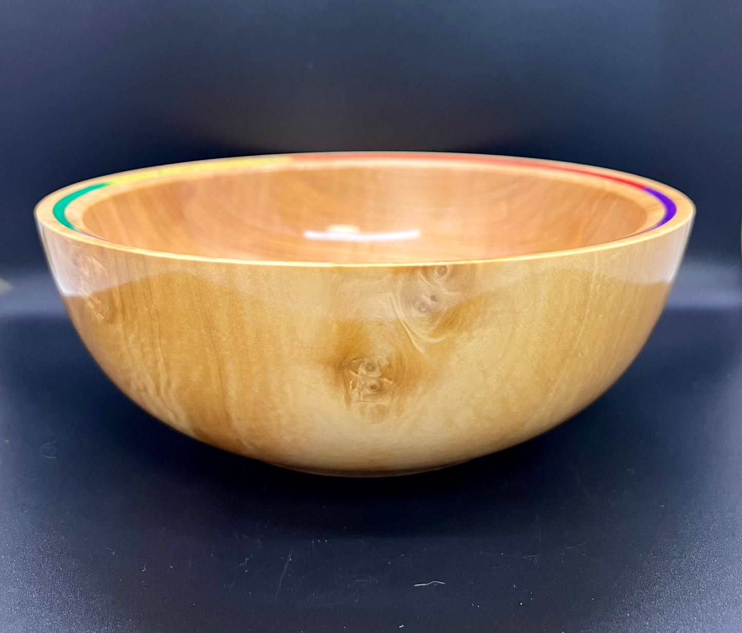 Hand turned Curly Maple Bowl with rainbow inlay