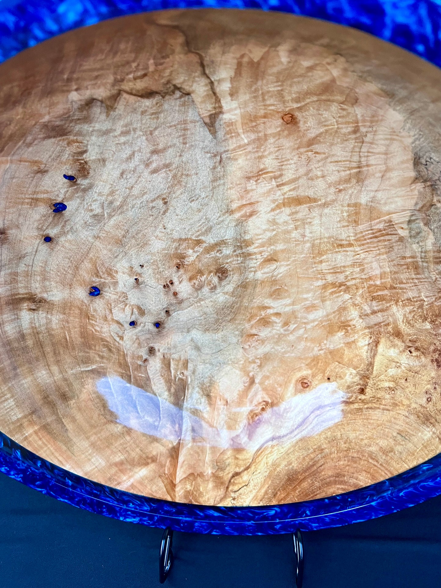 15 Inch Hand Turned Very curly Maple Bowl with Deep Blue colored resin Rim