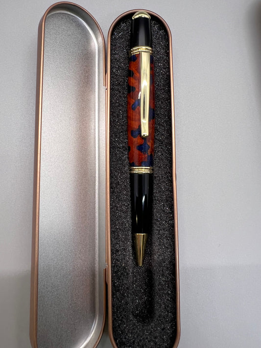 Black and Gold Gatsby Twist Pen with Amboyna Burl and Dark Blue resin