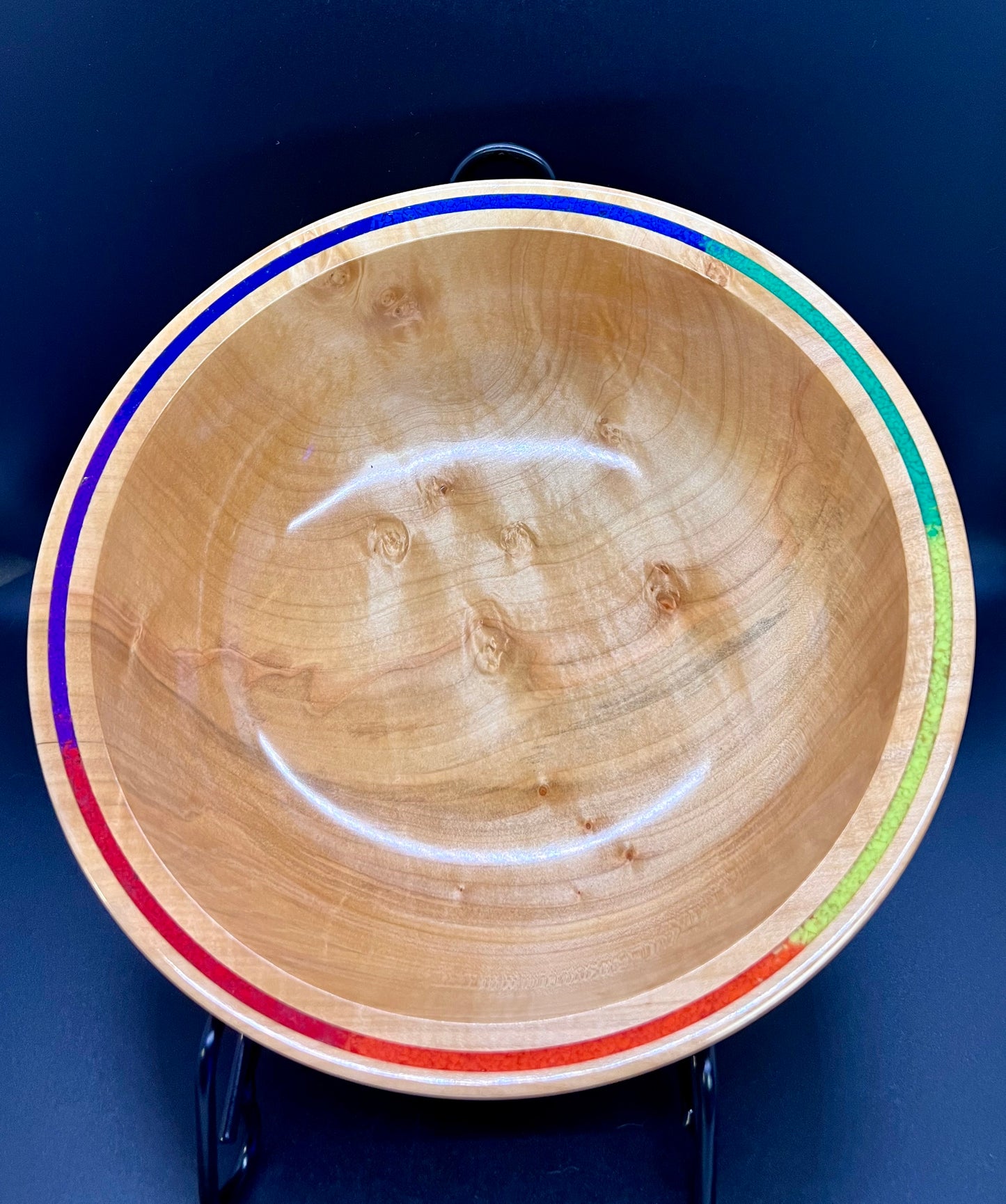 Hand turned Curly Maple Bowl with rainbow inlay