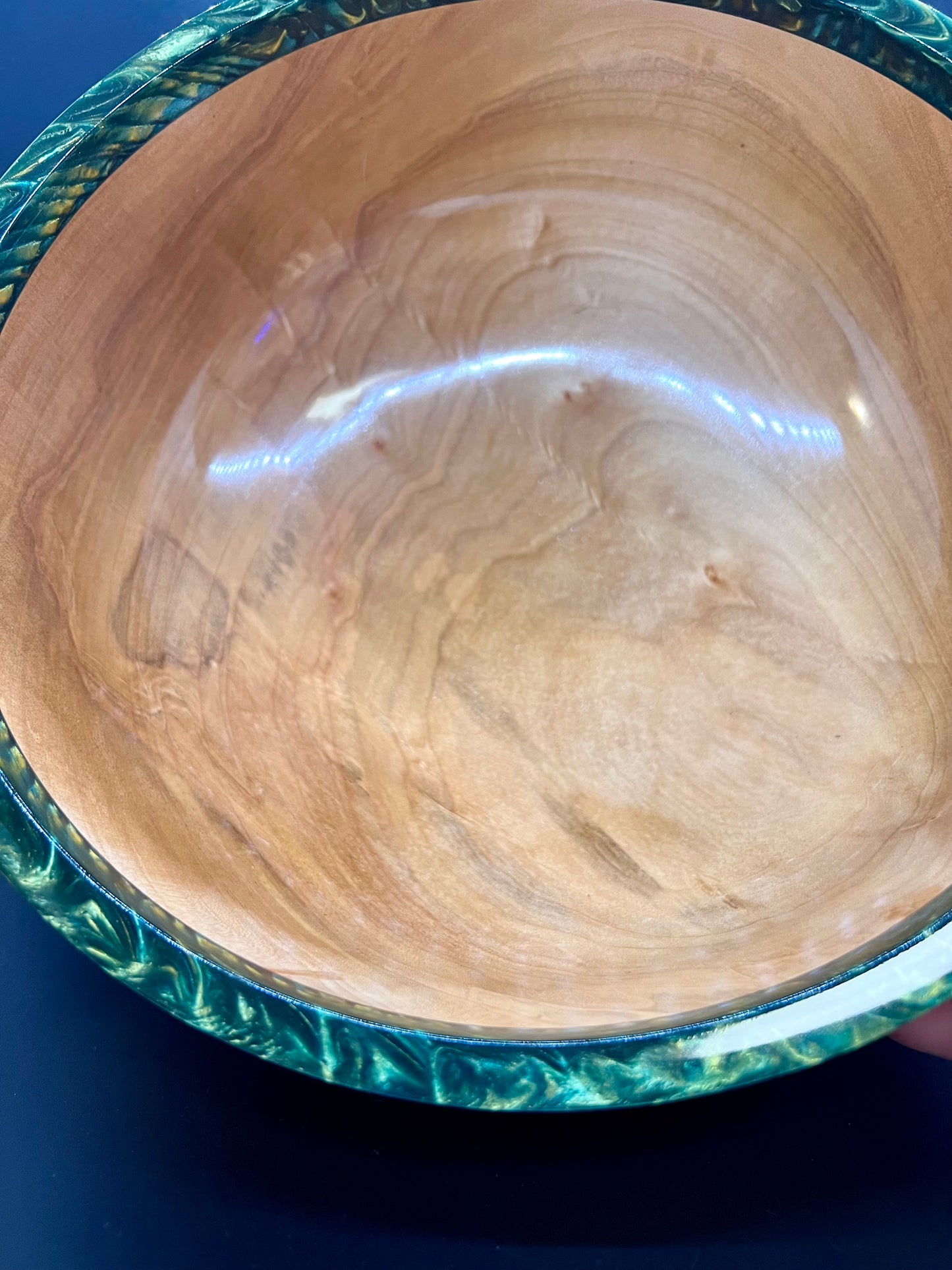 Hand turned curly Maple Bowl with Green and Gold rim