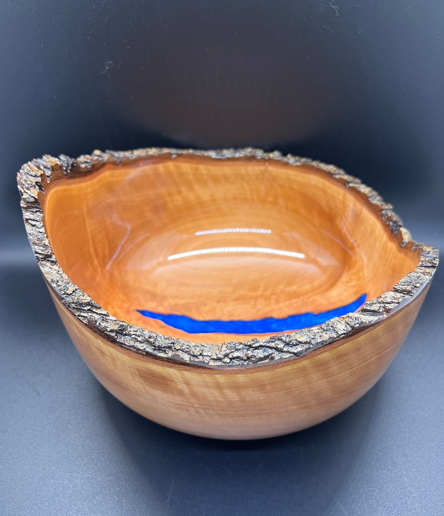 Hand turned Bradford Pear Bowl Live Edge Bowl with Blue center