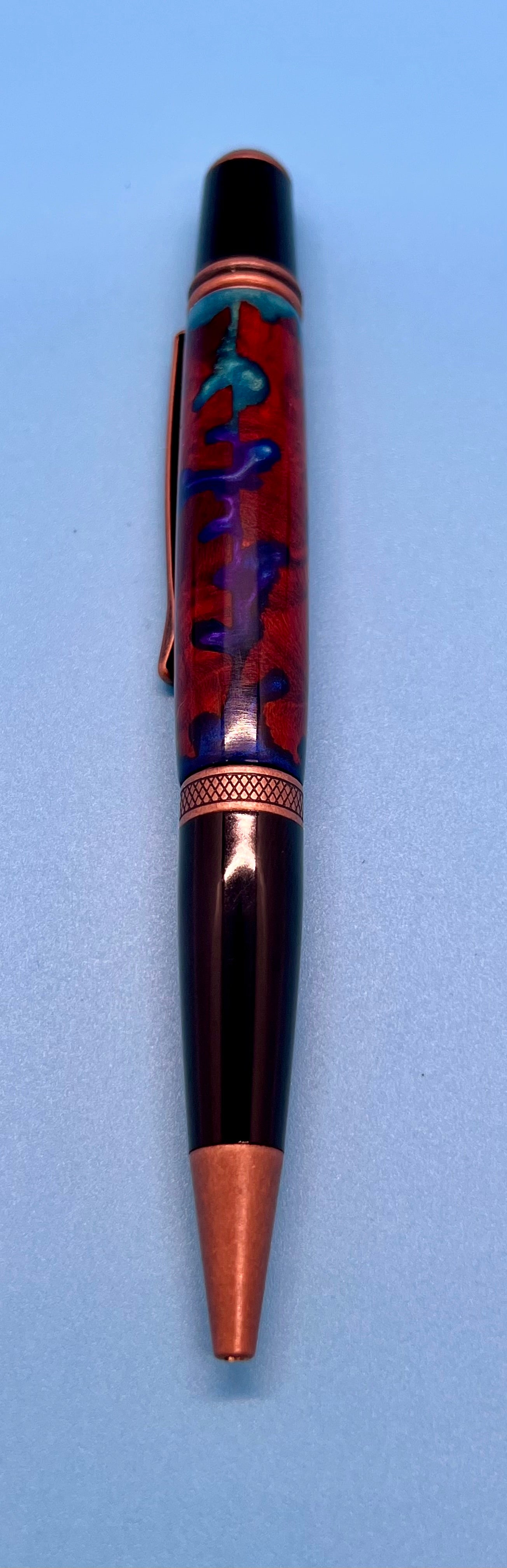 Antique Copper Wallstreet Twist Pen with Amboyna Burl and Blue Resin