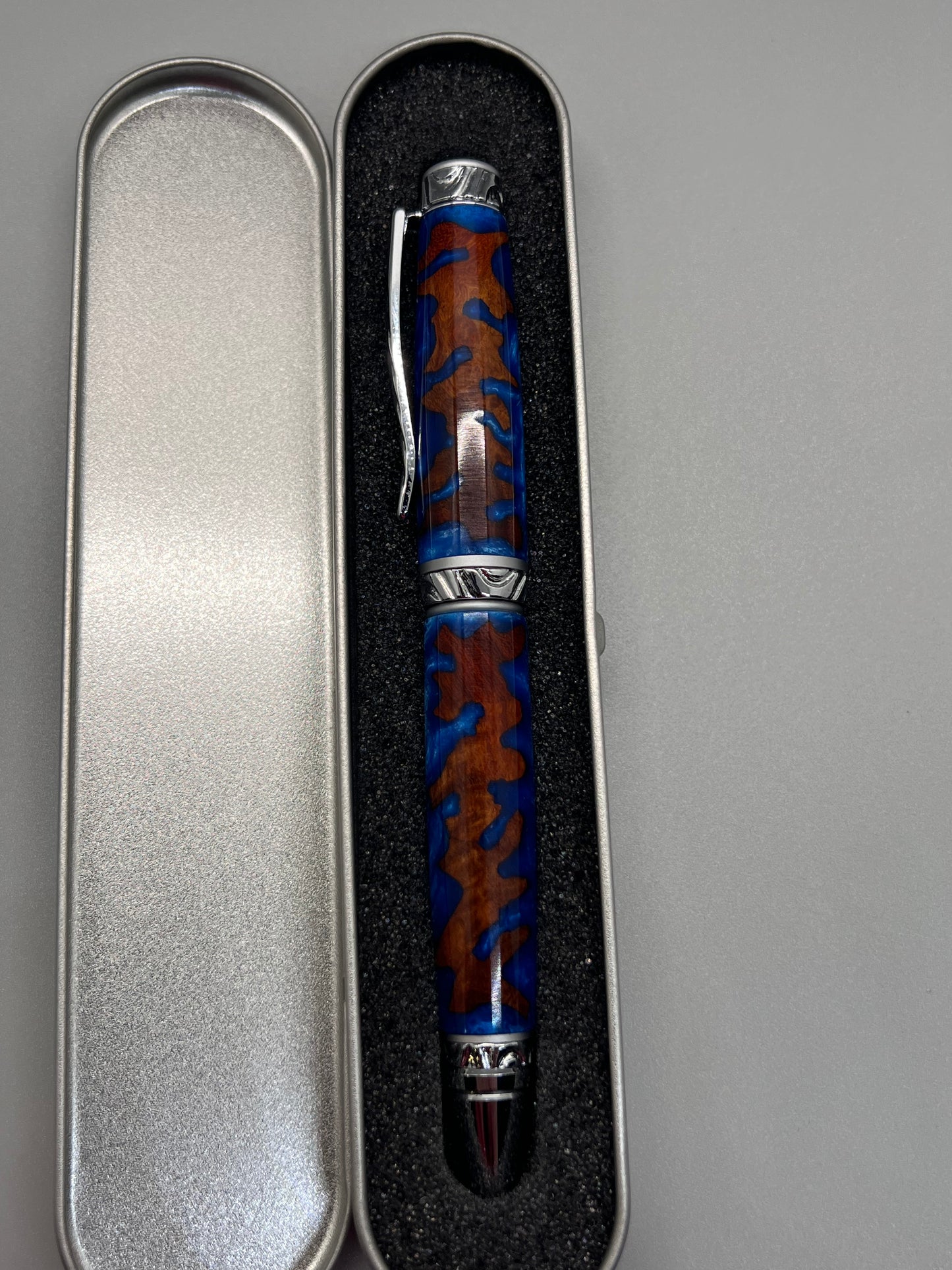 RARE Amboyna Burl Ultra Cigar Twist Pen encased with Blue resin