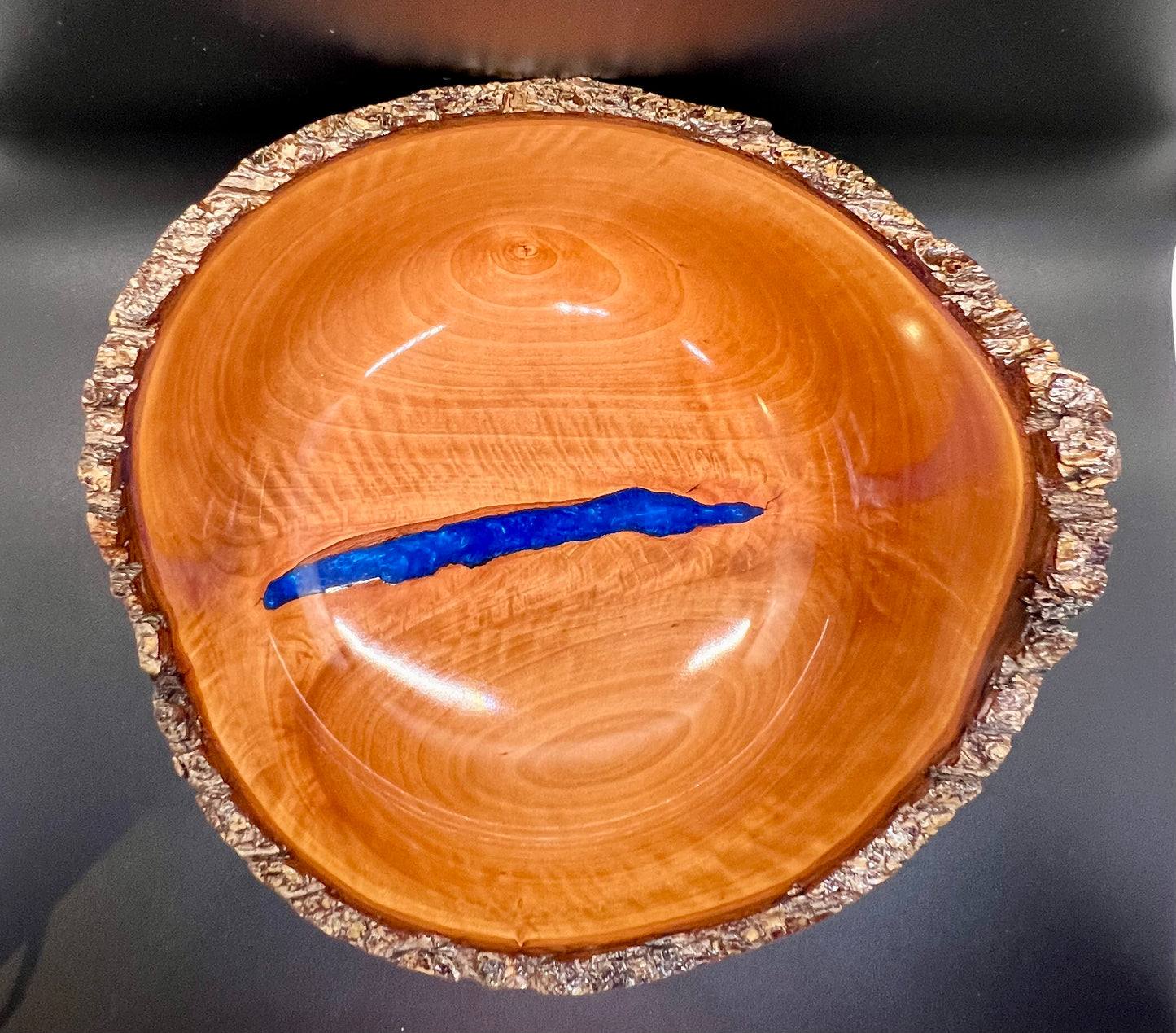 Hand turned Bradford Pear Bowl Live Edge Bowl with Blue center