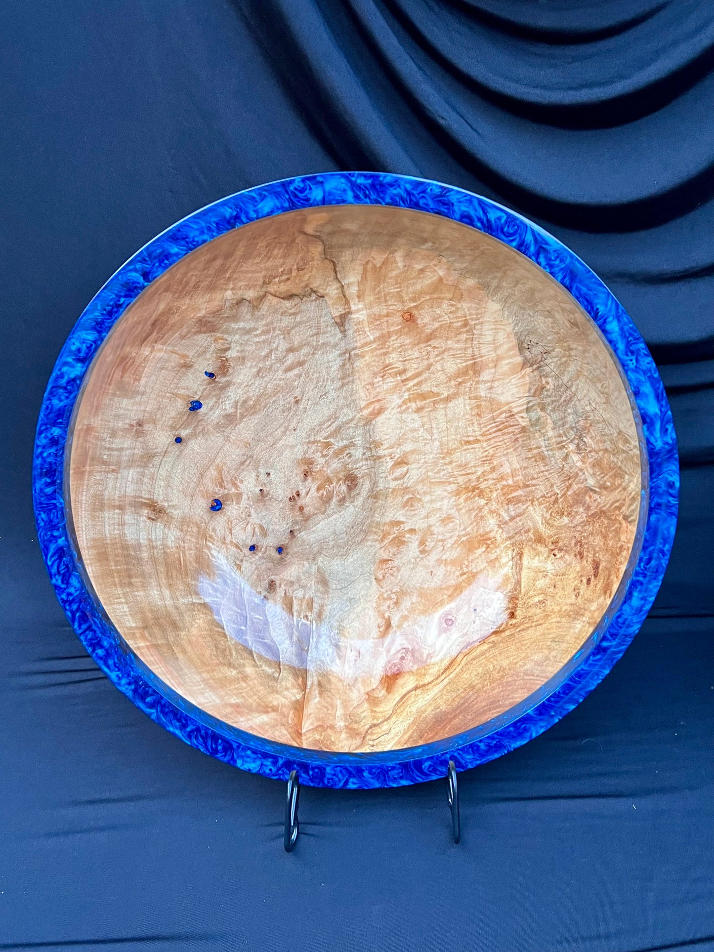 15 Inch Hand Turned Very curly Maple Bowl with Deep Blue colored resin Rim