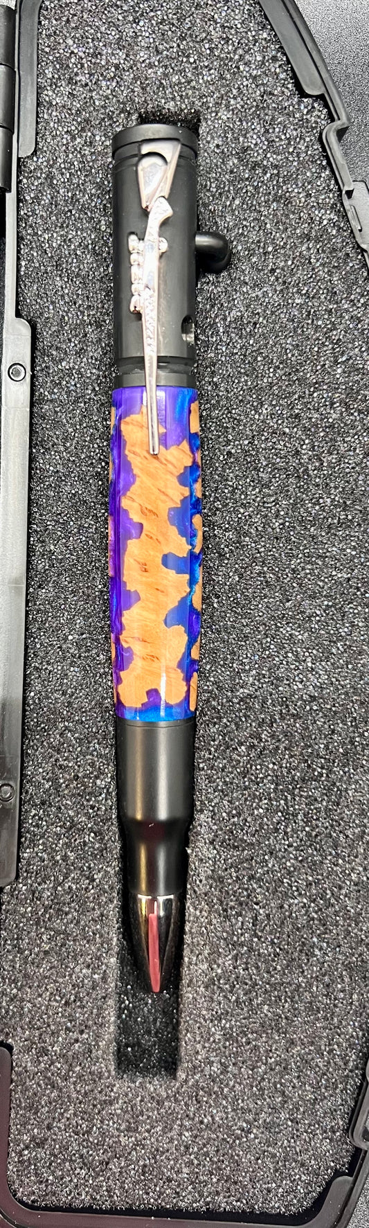 Bolt Action Black Enamel Pen with Mallee Burl and Blue and Purple colored resin