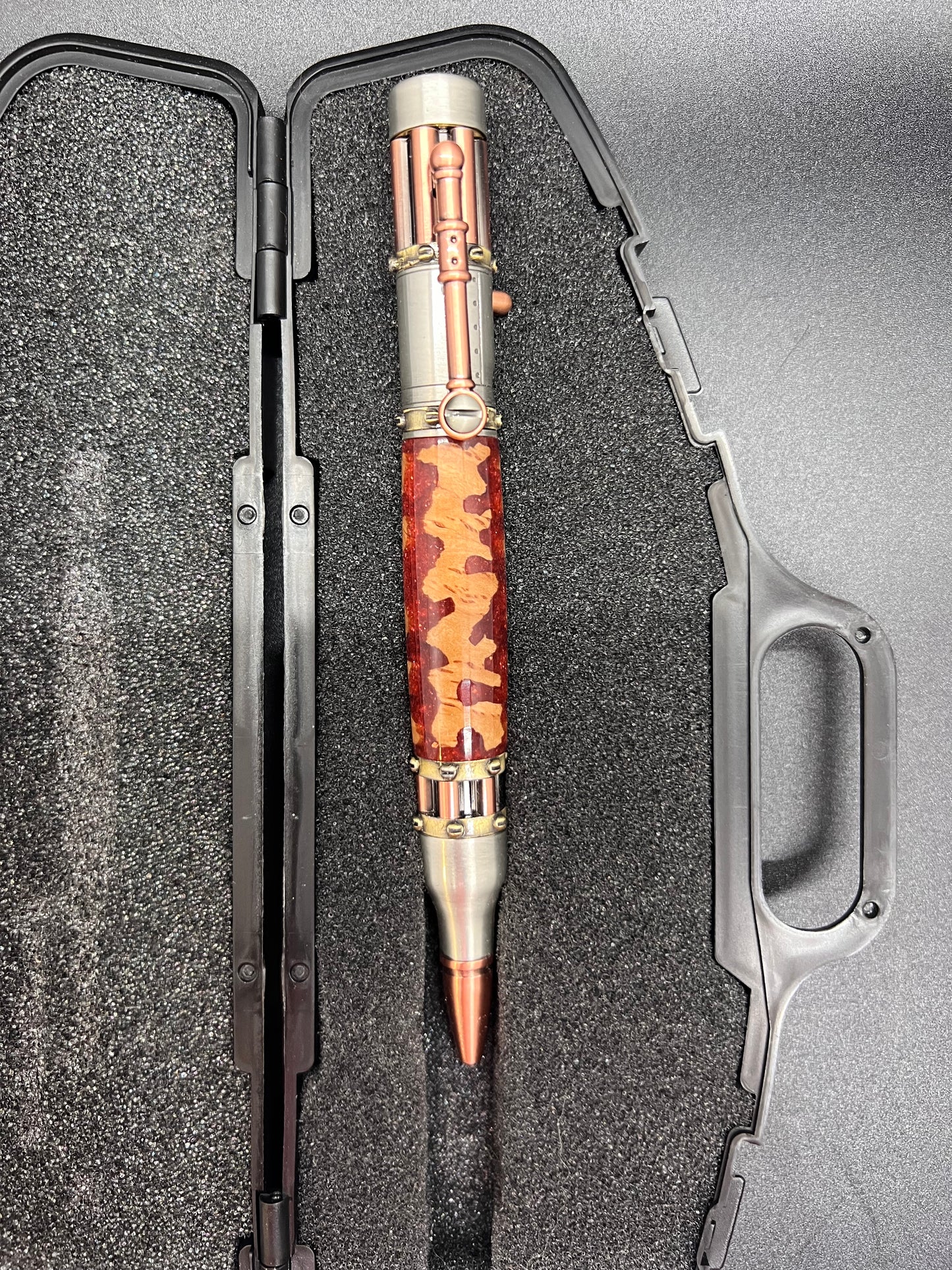 Steampunk Bolt Action Pen with Mallee Burl and Atomic Flare colored resin