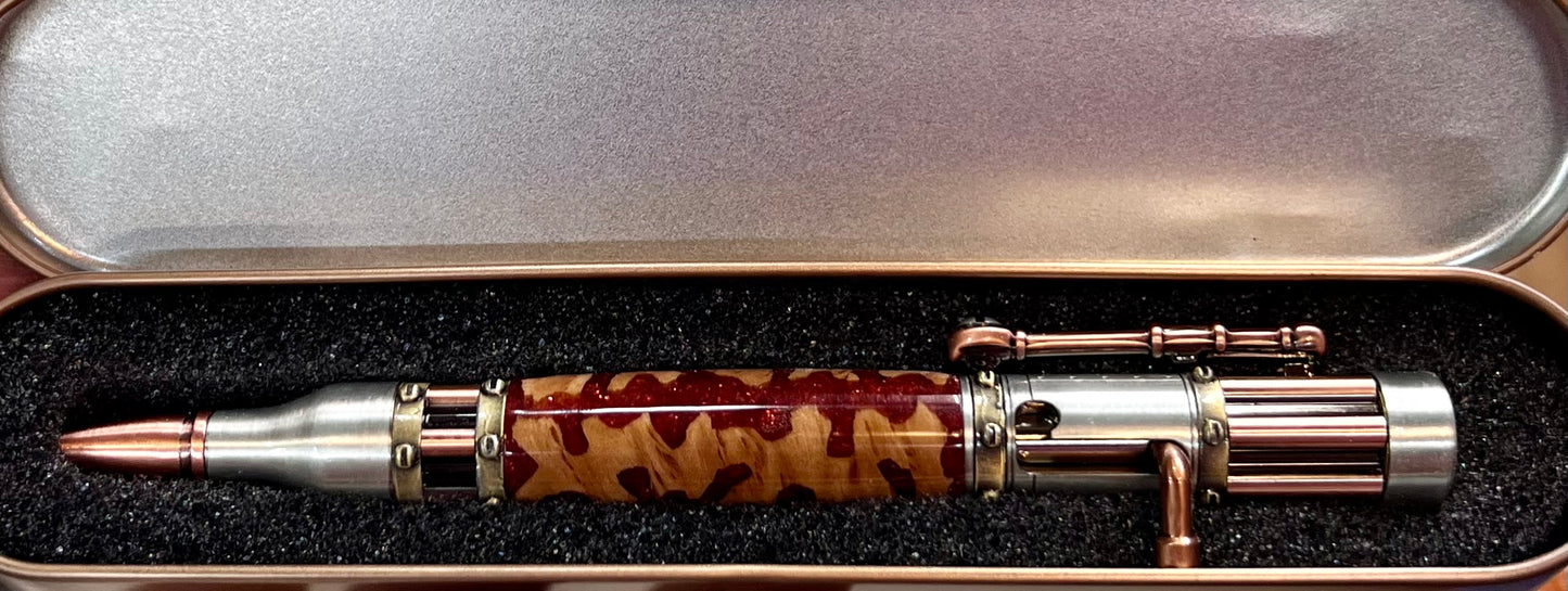 Steampunk Bolt Action Pen with Mallee Burl and Atomic Flare colored resin