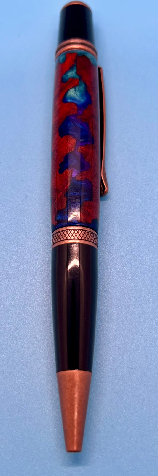 Antique Copper Wallstreet Twist Pen with Amboyna Burl and Blue Resin