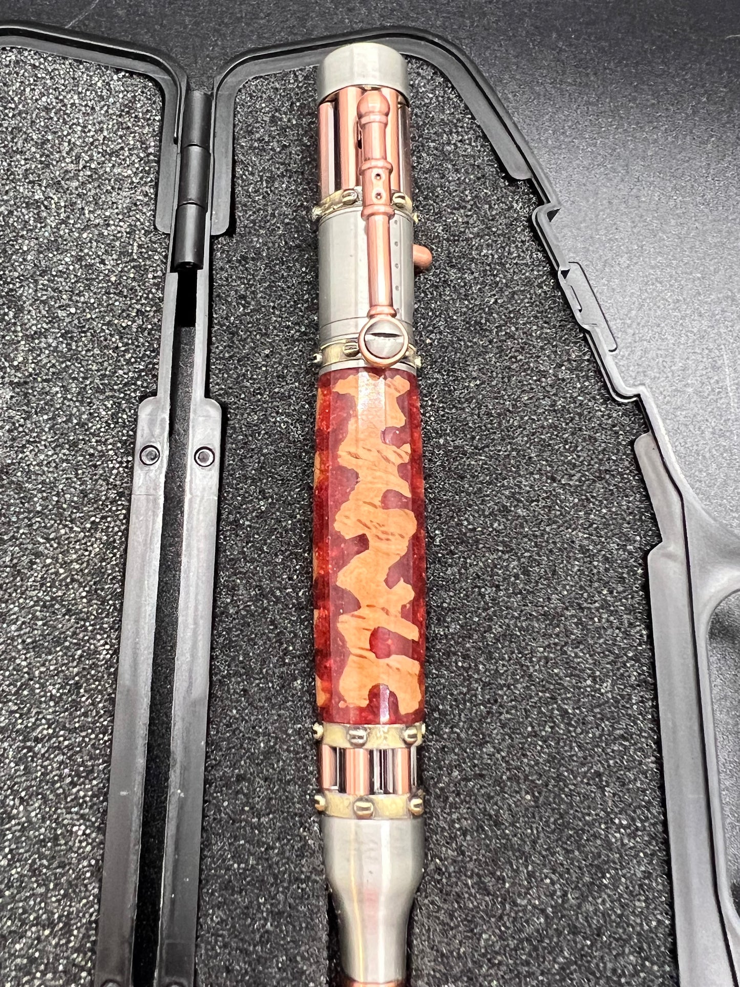 Steampunk Bolt Action Pen with Mallee Burl and Atomic Flare colored resin