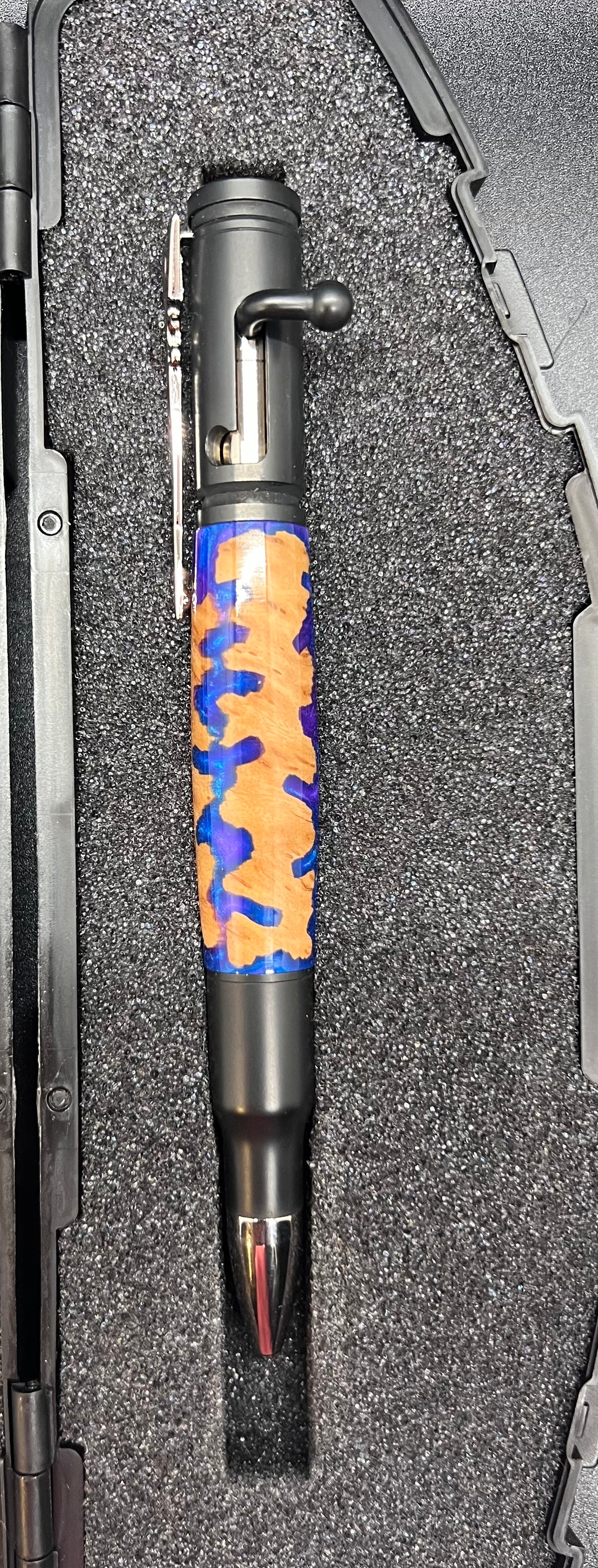 Bolt Action Black Enamel Pen with Mallee Burl and Blue and Purple colored resin