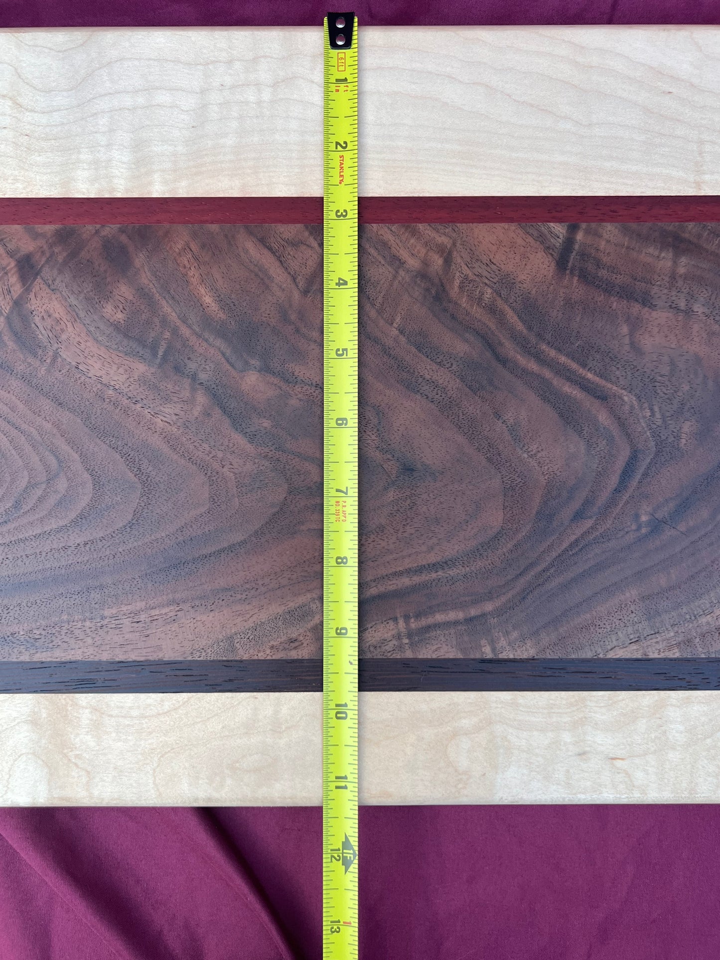 Charcuterie board Curly Walnut, Curly Maple, Accented with Padauk and Wenge