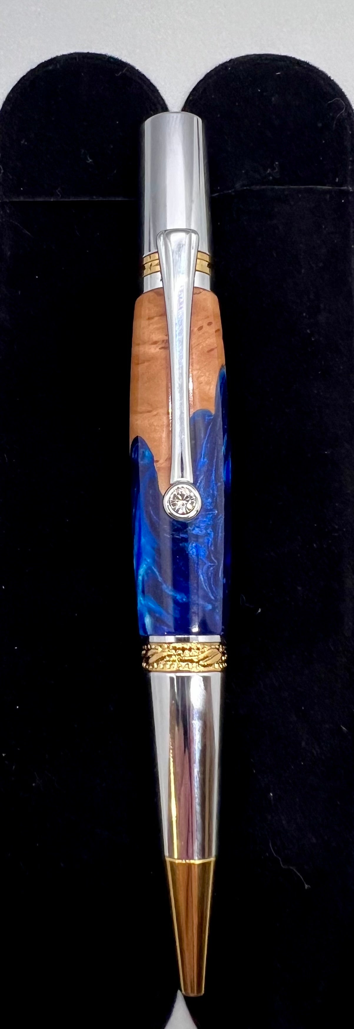 Majestic Squire Twist Pen in Gold and Chrome with Bimble Box Burl and Blue resin