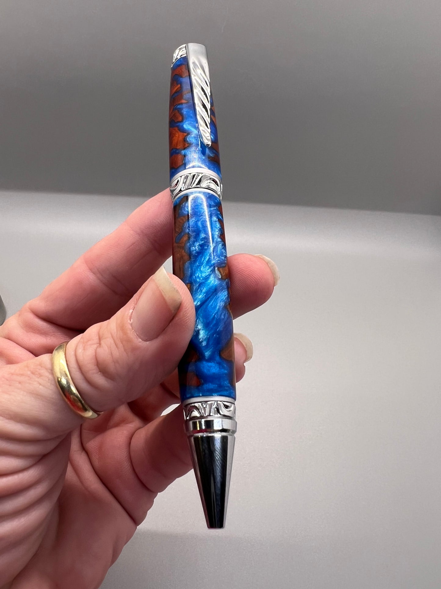 RARE Amboyna Burl Ultra Cigar Twist Pen encased with Blue resin