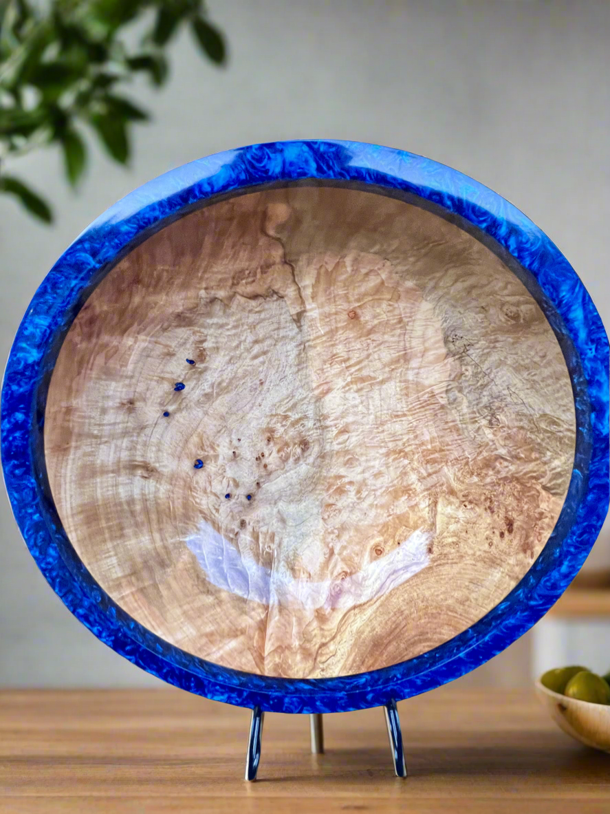 15 Inch Hand Turned Very curly Maple Bowl with Deep Blue colored resin Rim