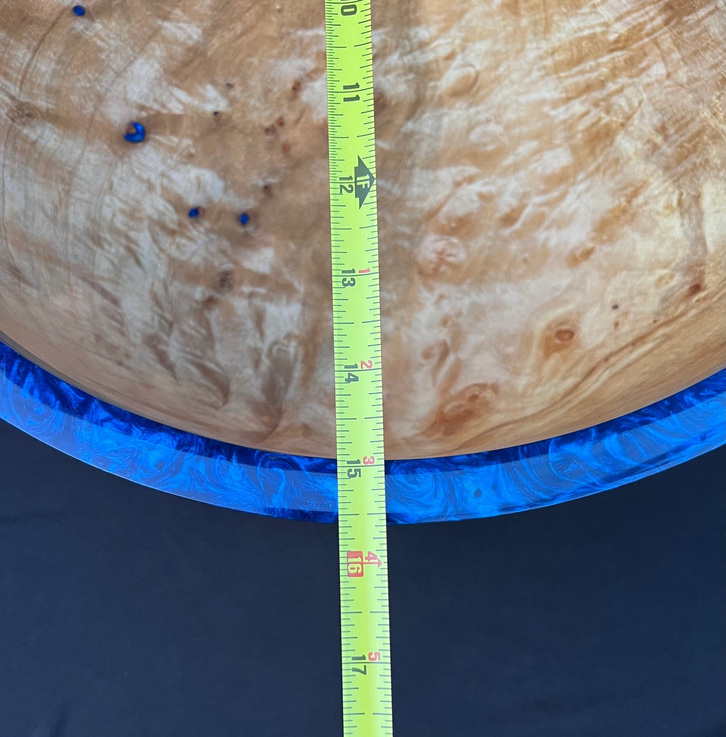 15 Inch Hand Turned Very curly Maple Bowl with Deep Blue colored resin Rim