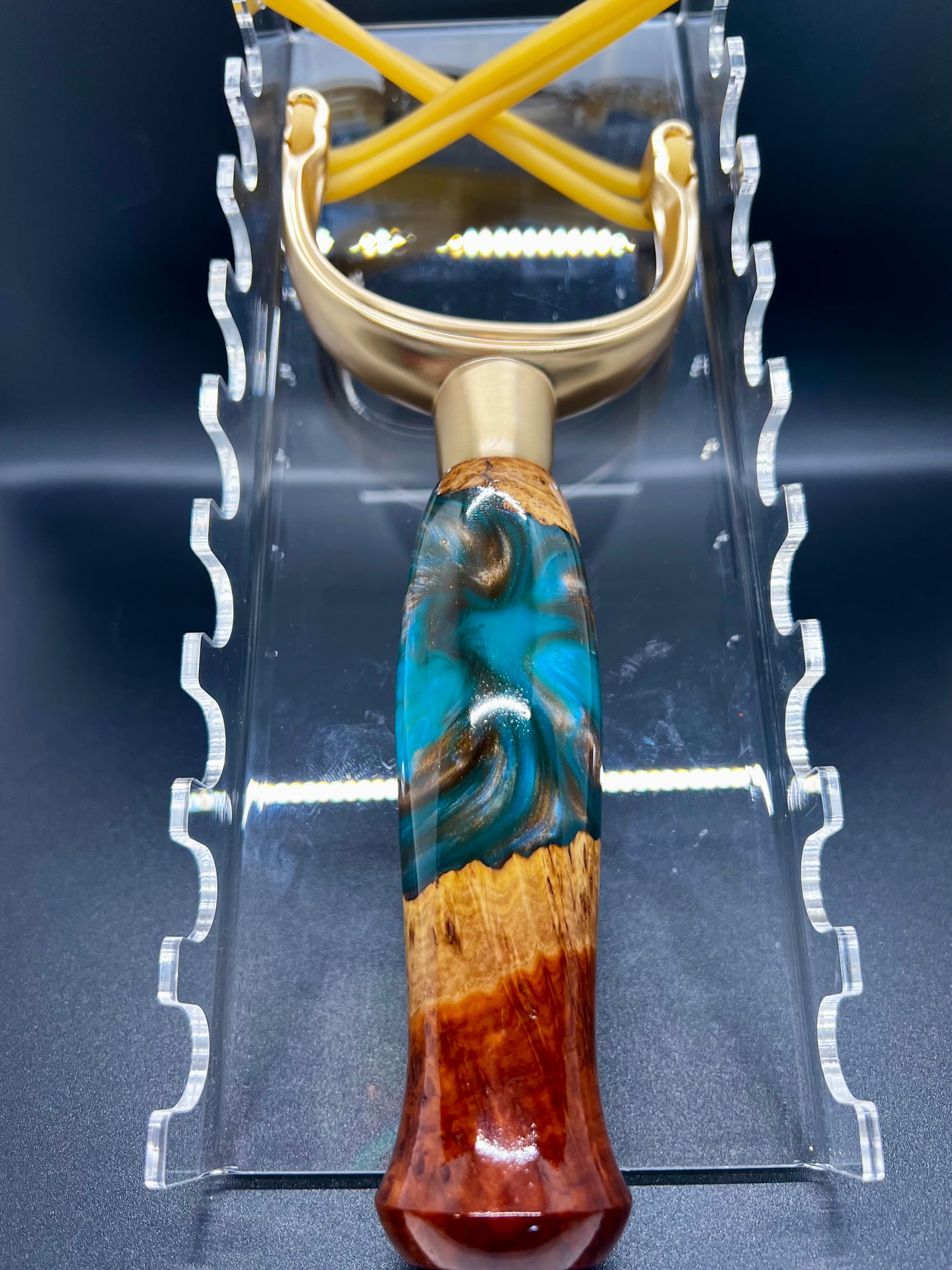 Slingshot-Mallee Burl-Teal, Blue and Copper colored resin