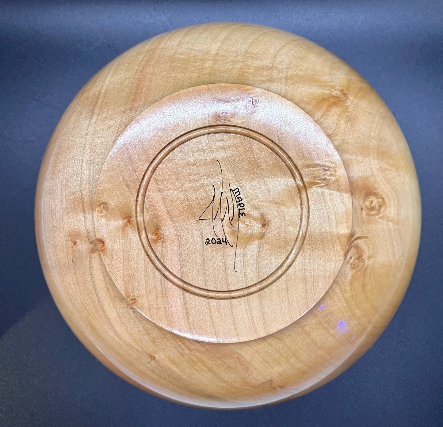 Hand turned Curly Maple Bowl with rainbow inlay