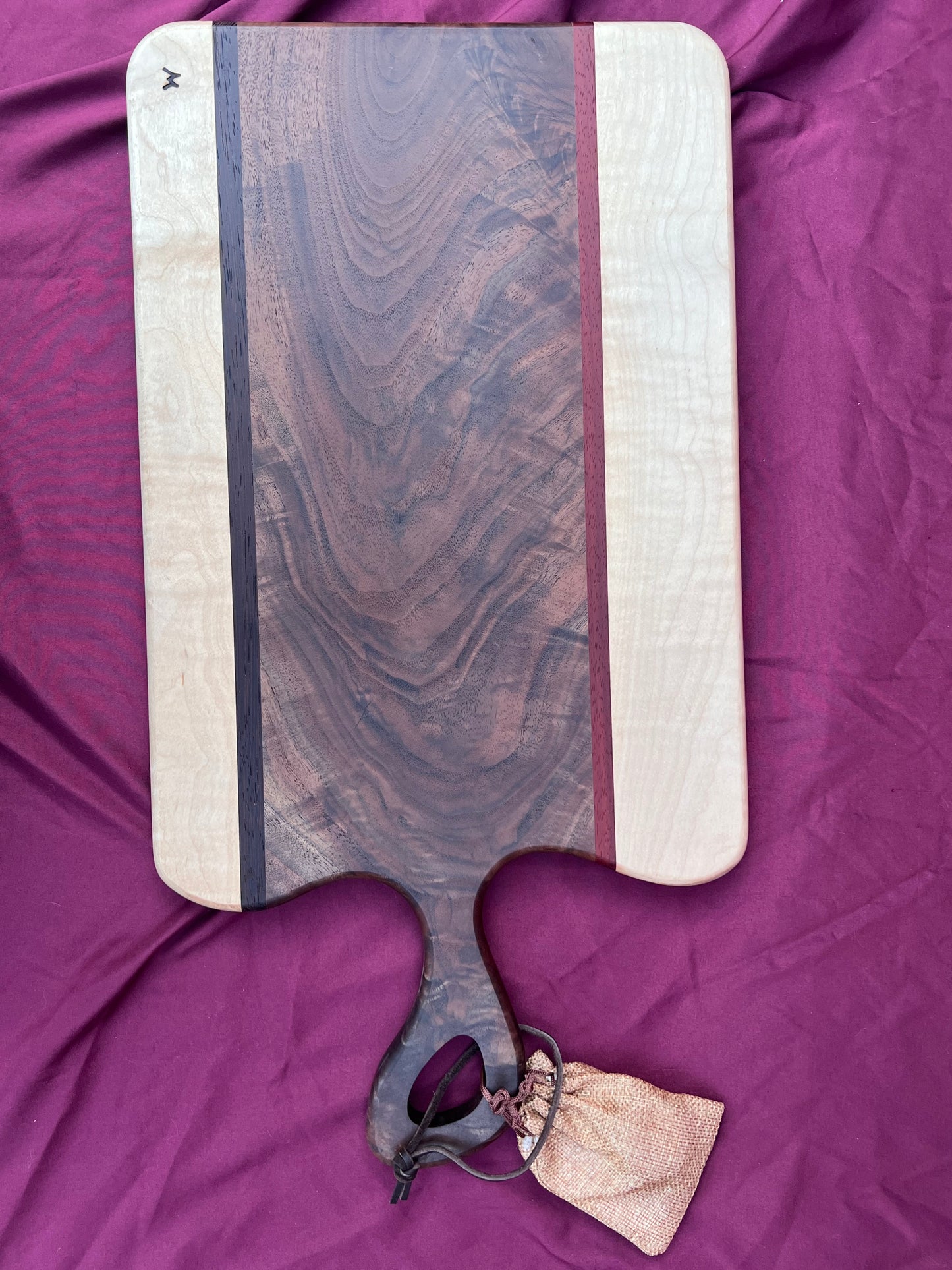 Charcuterie board Curly Walnut, Curly Maple, Accented with Padauk and Wenge