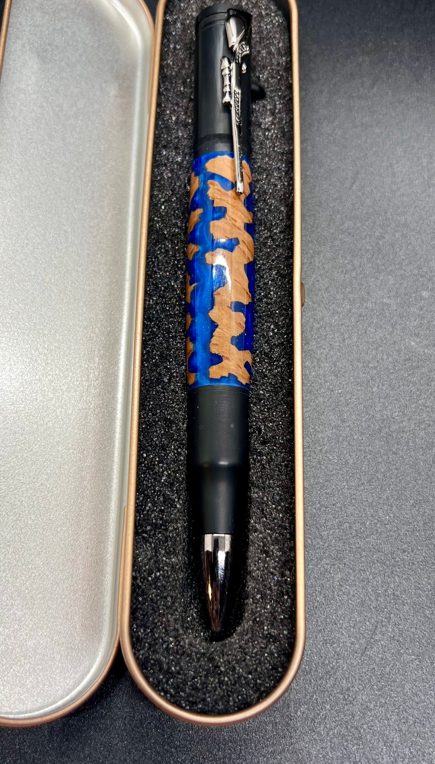 Bolt Action Black Enamel Pen with Mallee Burl and Blue colored resin