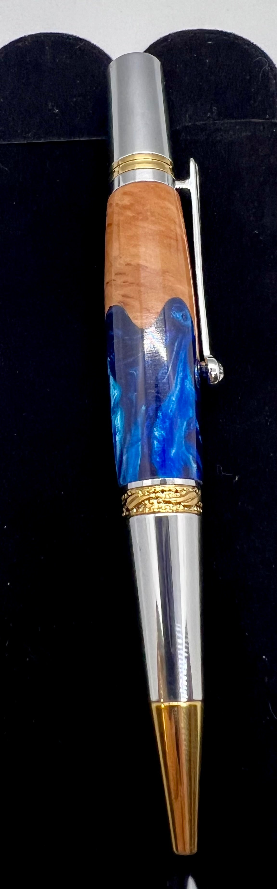 Majestic Squire Twist Pen in Gold and Chrome with Bimble Box Burl and Blue resin