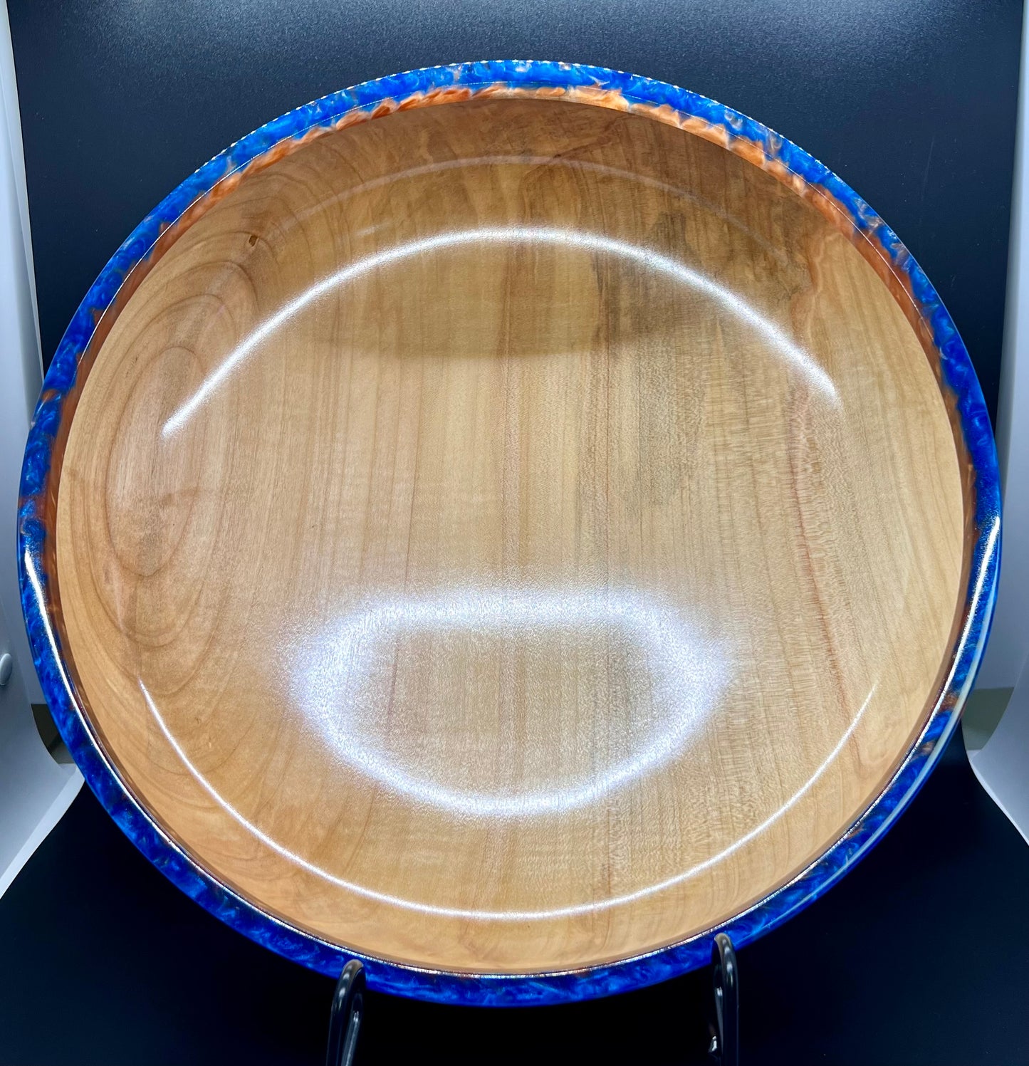 Hand turned curly Maple Bowl with Blue and Gold rim