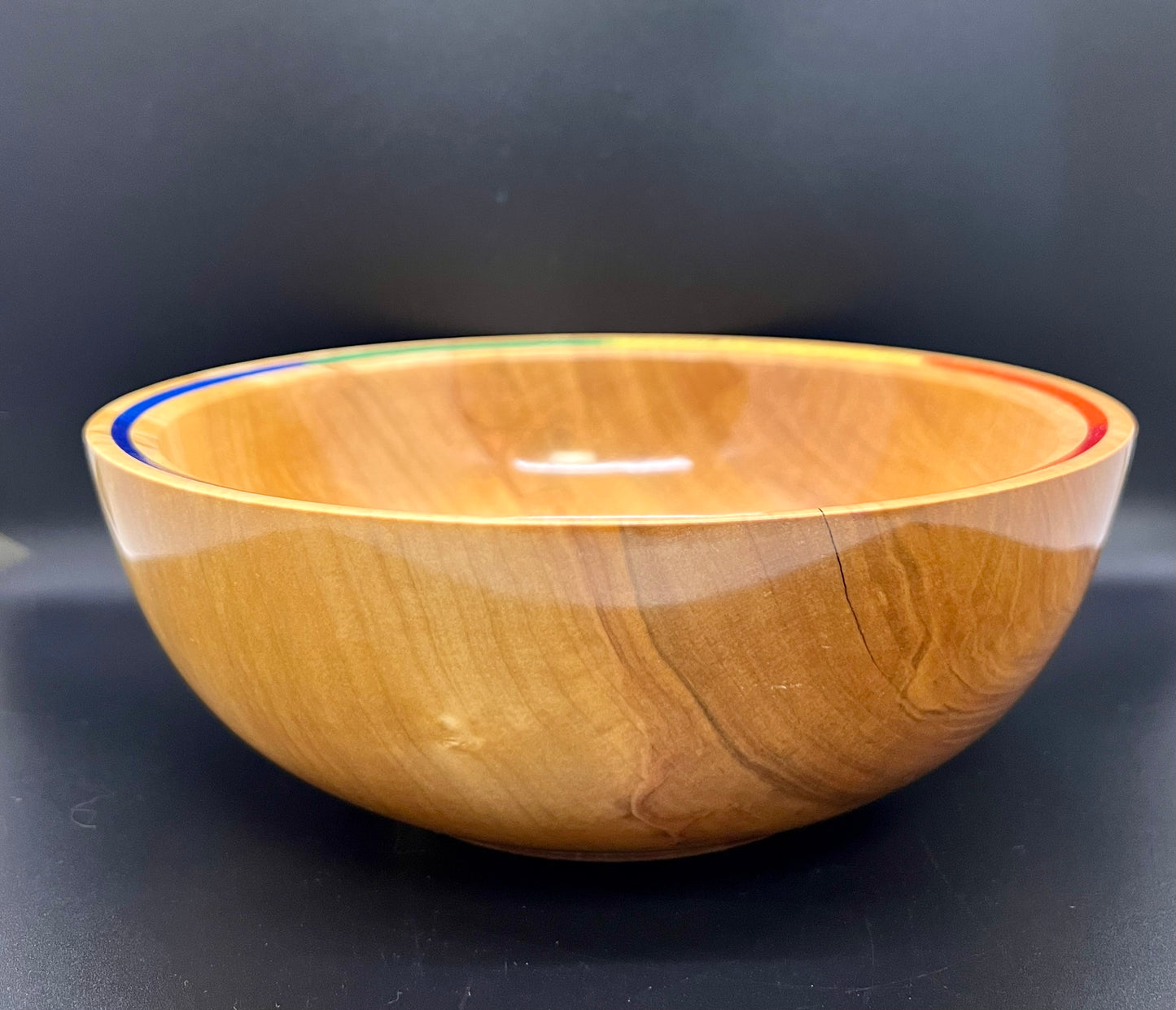 Hand turned Curly Maple Bowl with rainbow inlay