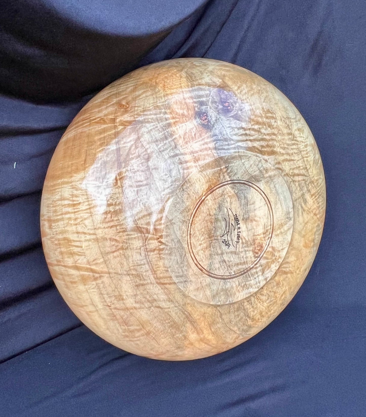 Hand Turned Very curly Maple Bowl with Deep Blue colored resin Rim