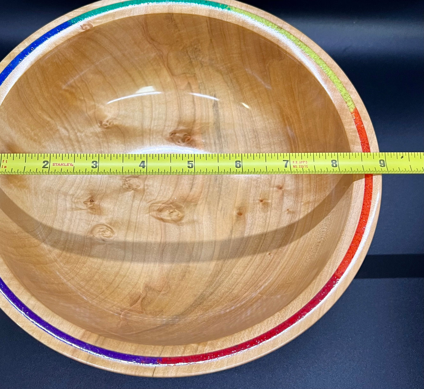 Hand turned Curly Maple Bowl with rainbow inlay