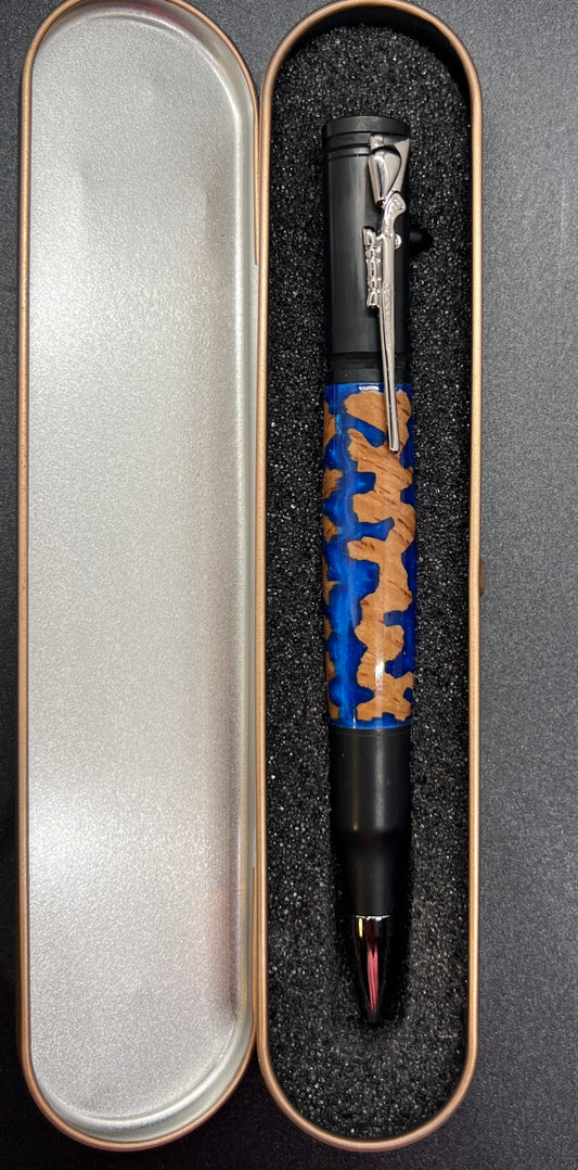 Bolt Action Black Enamel Pen with Mallee Burl and Blue colored resin