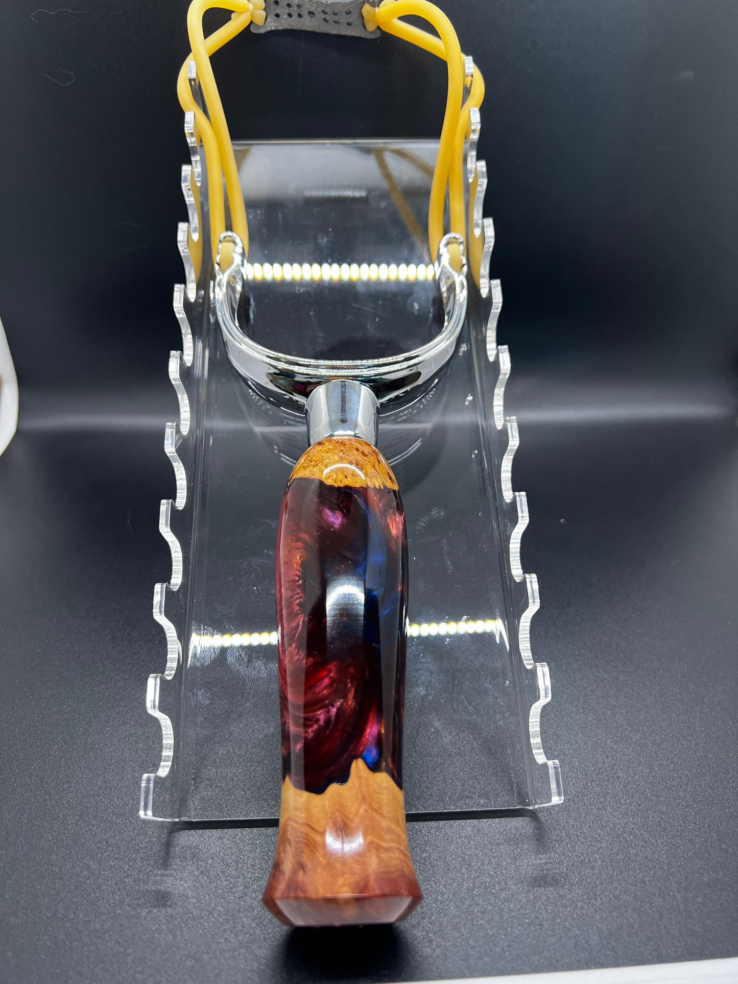 Slingshot-Mallee Burl-Blue and Maroon resin