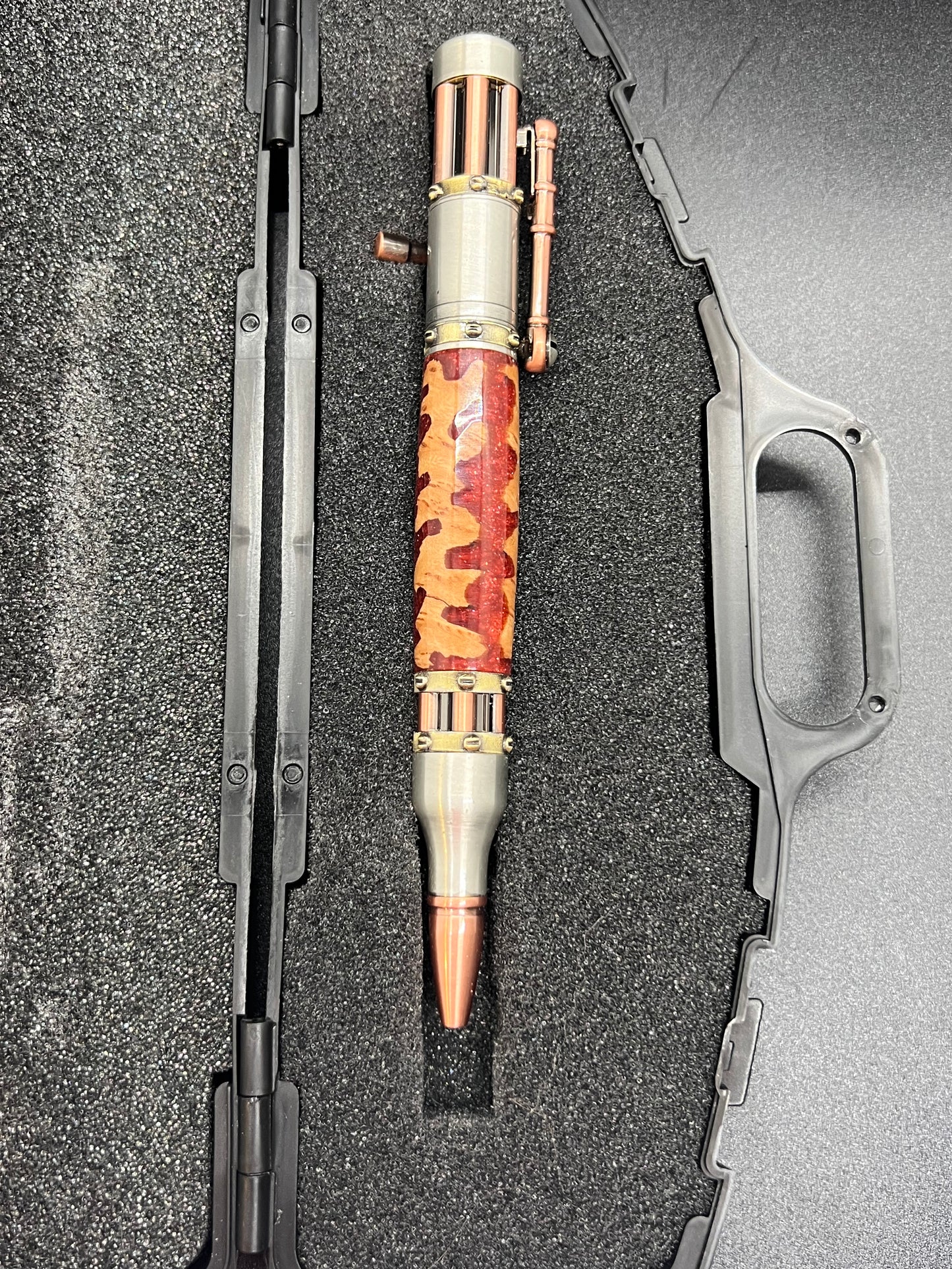 Steampunk Bolt Action Pen with Mallee Burl and Atomic Flare colored resin