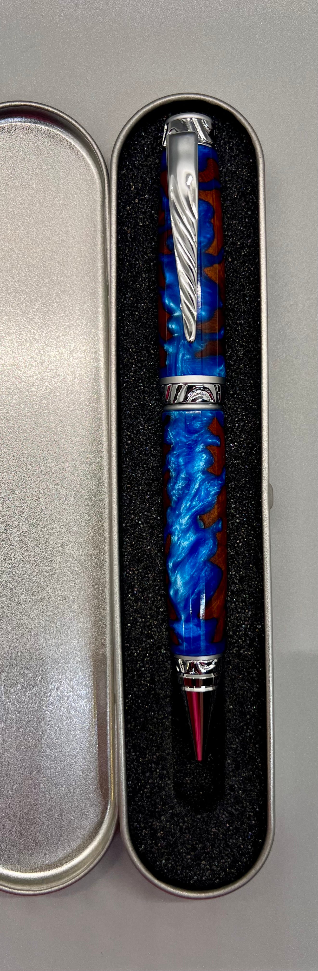 RARE Amboyna Burl Ultra Cigar Twist Pen encased with Blue resin