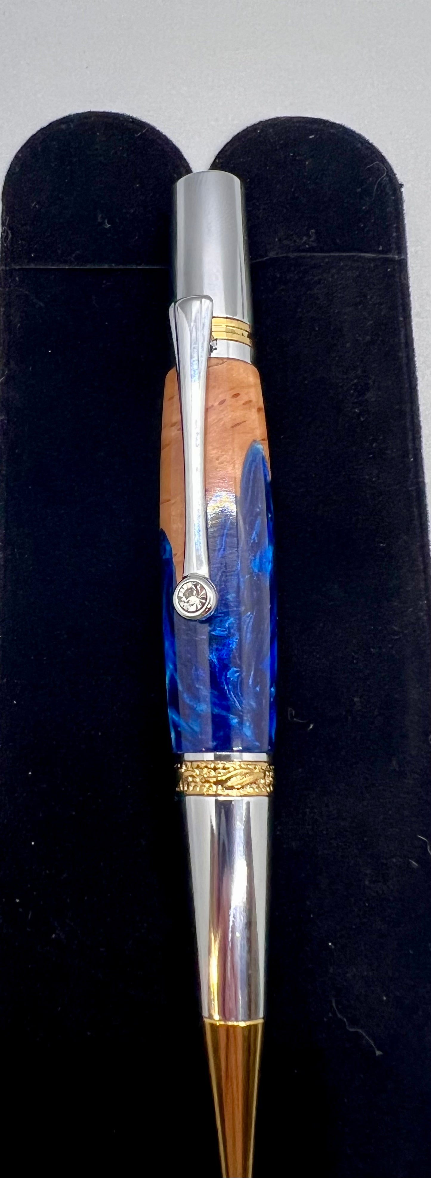 Majestic Squire Twist Pen in Gold and Chrome with Bimble Box Burl and Blue resin