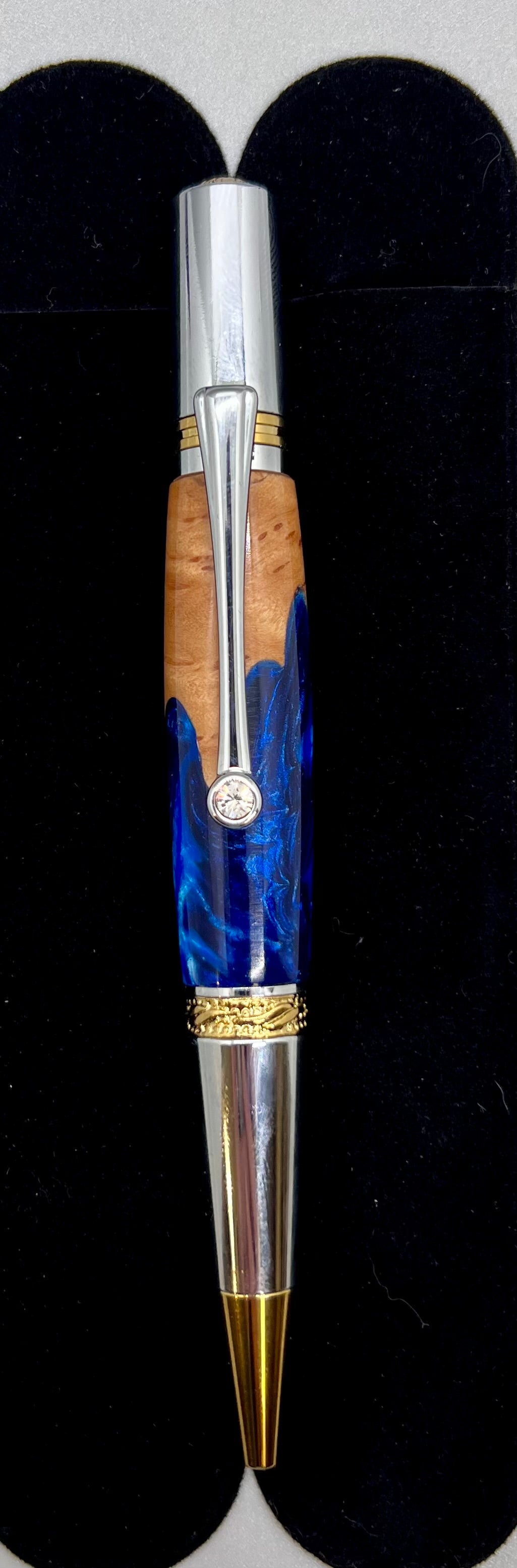 Majestic Squire Twist Pen in Gold and Chrome with Bimble Box Burl and Blue resin