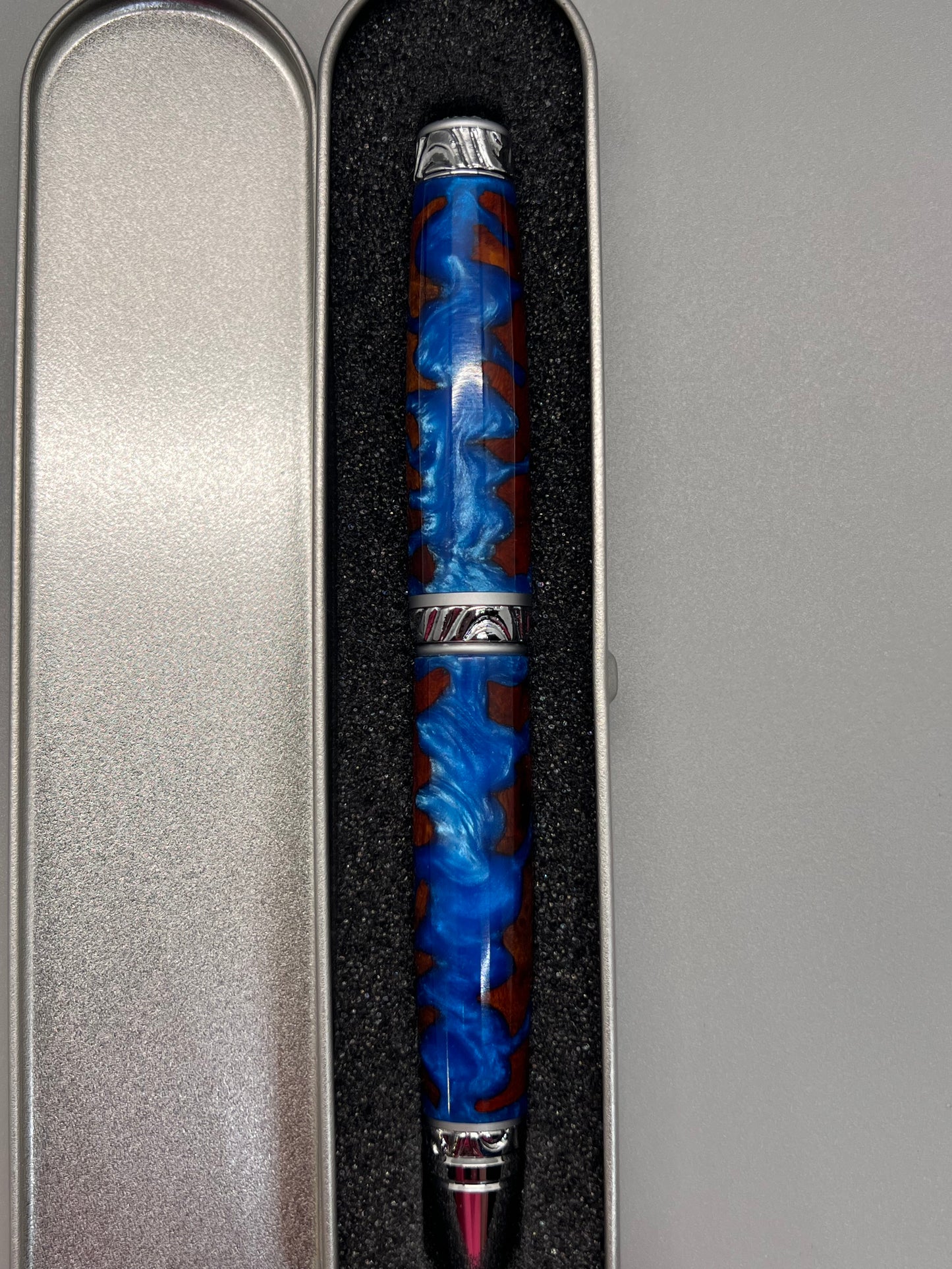 RARE Amboyna Burl Ultra Cigar Twist Pen encased with Blue resin