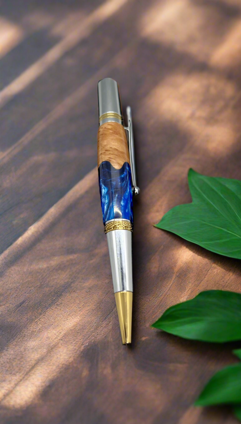 Majestic Squire Twist Pen in Gold and Chrome with Bimble Box Burl and Blue resin