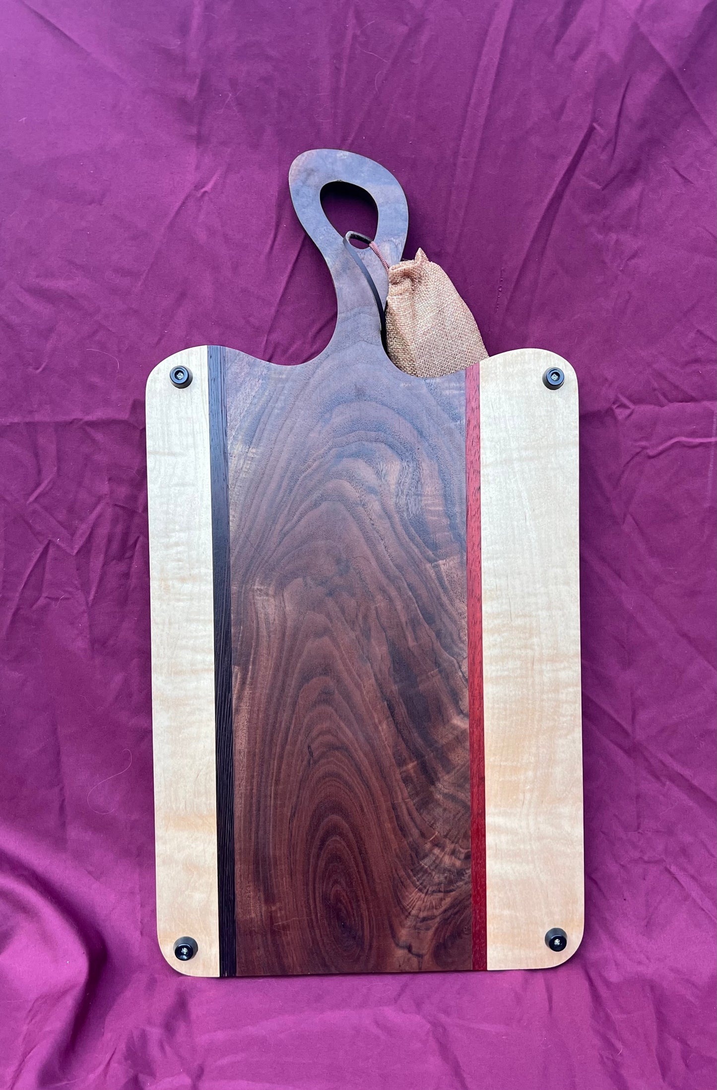 Charcuterie board Curly Walnut, Curly Maple, Accented with Padauk and Wenge