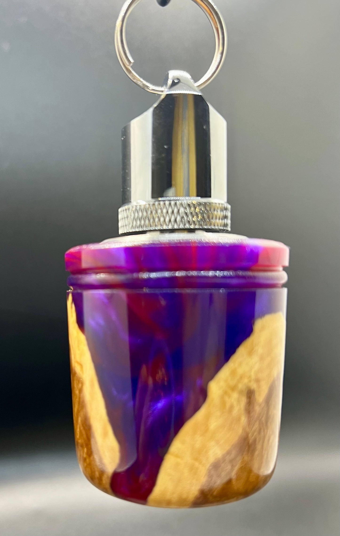 Flask Keychain-Mallee Burl-Magenta and Purple Resin