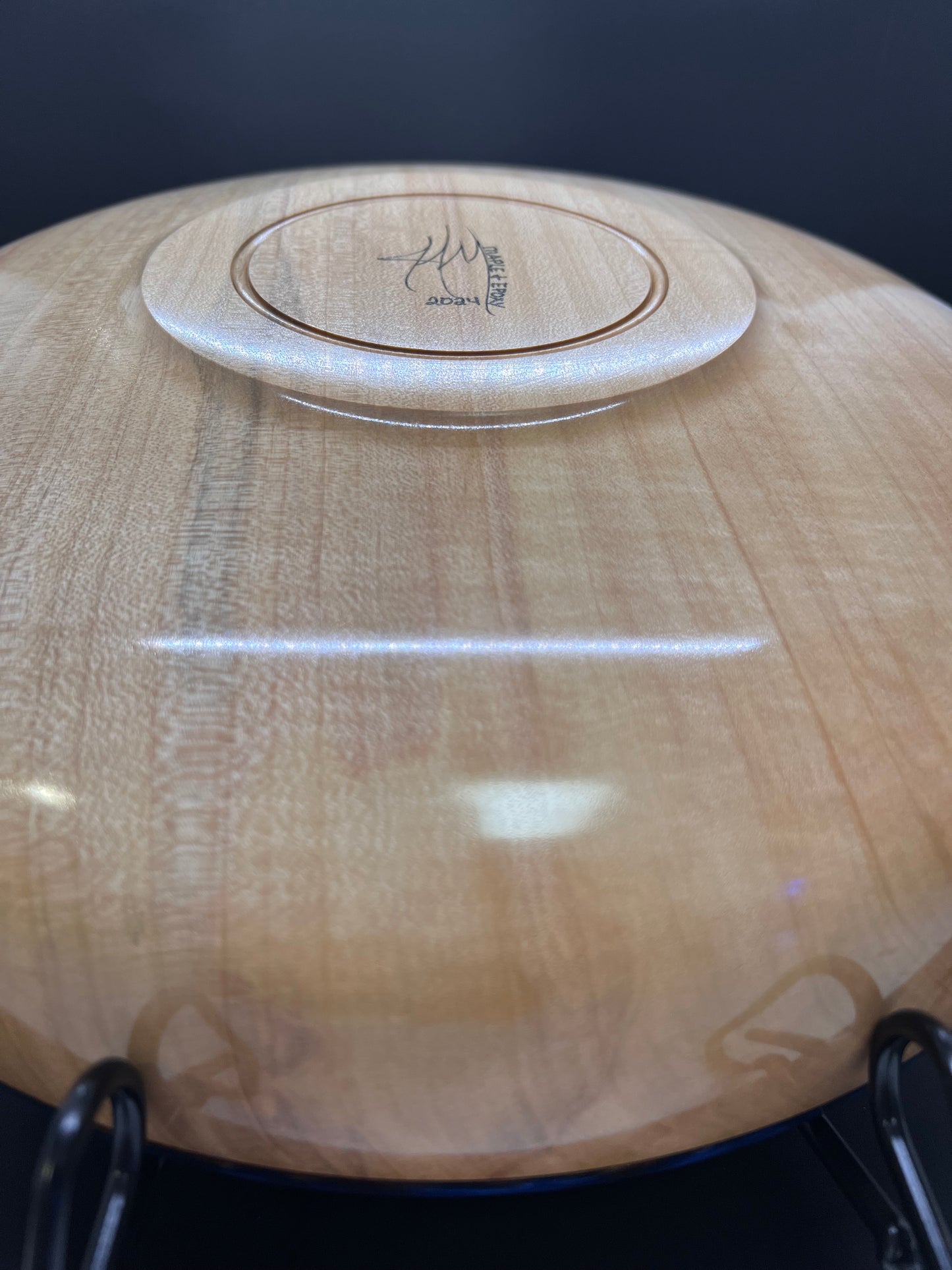 Hand turned curly Maple Bowl with Blue and Gold rim