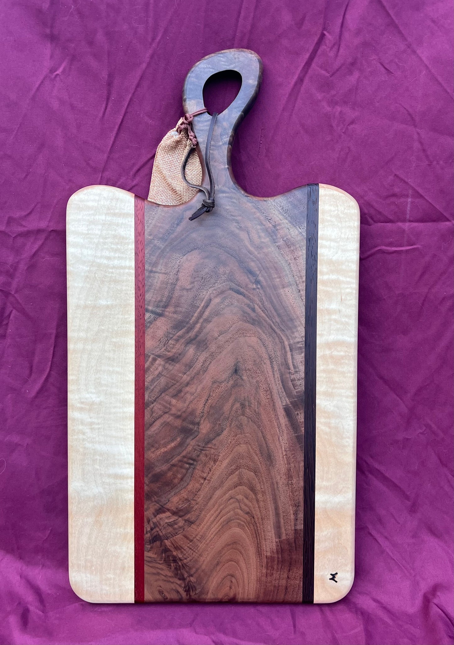 Charcuterie board Curly Walnut, Curly Maple, Accented with Padauk and Wenge