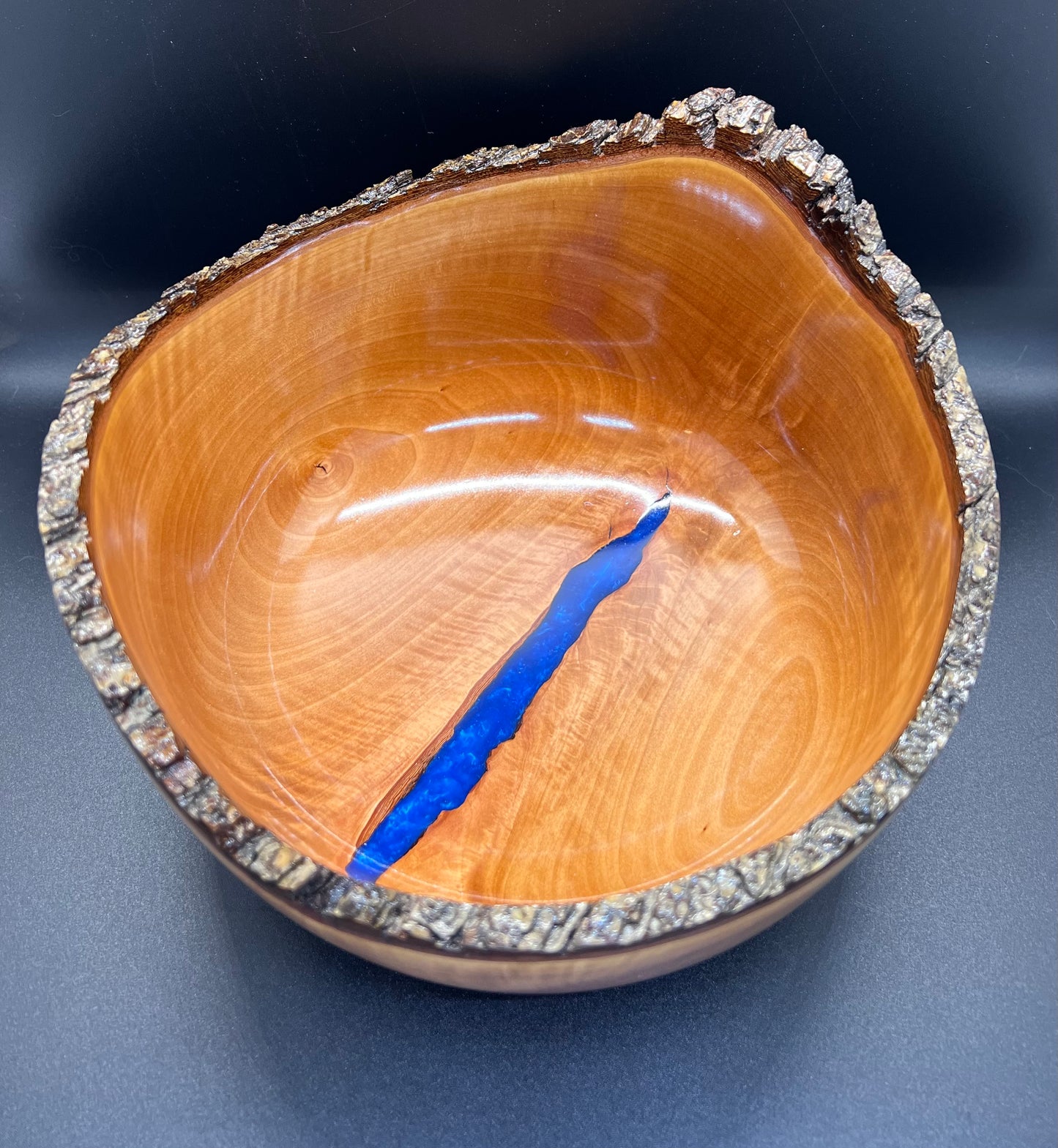 Hand turned Bradford Pear Bowl Live Edge Bowl with Blue center