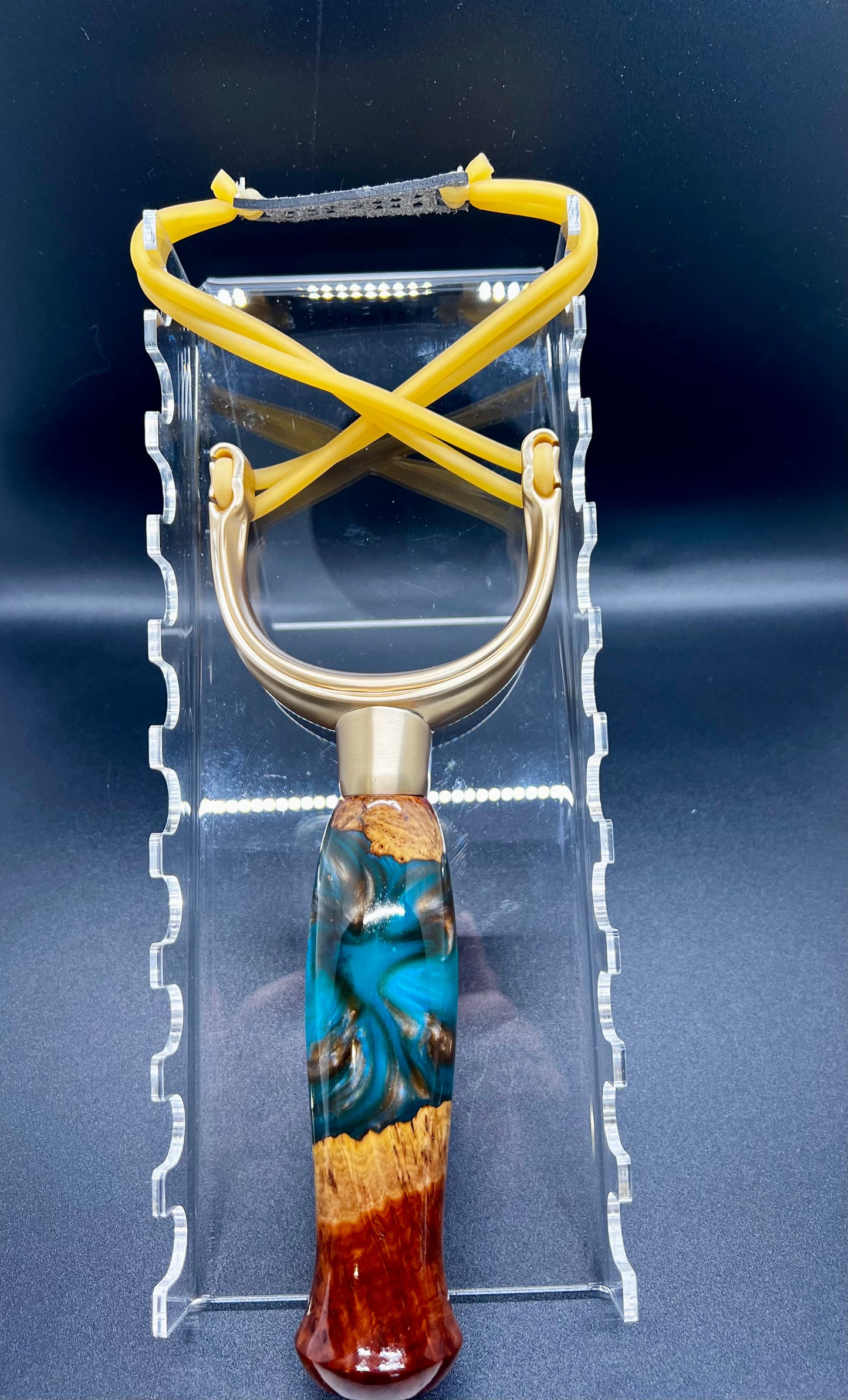 Slingshot-Mallee Burl-Teal, Blue and Copper colored resin