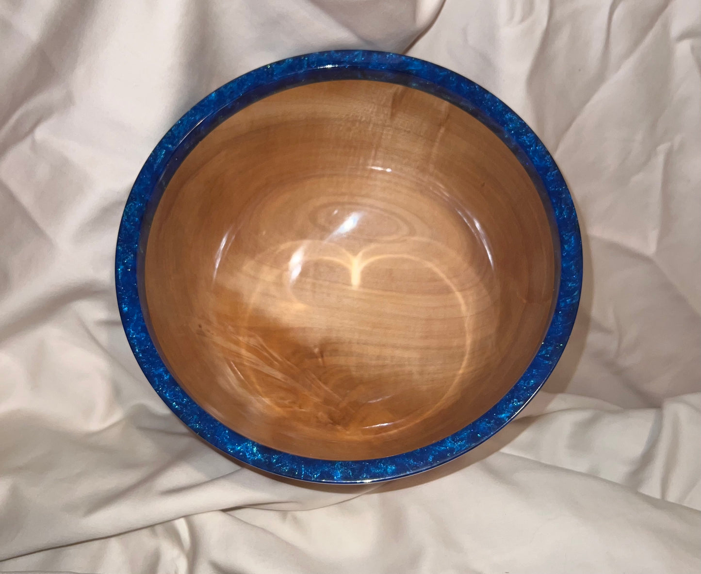 Hand turned curly Maple Bowl with Deep Blue Rim