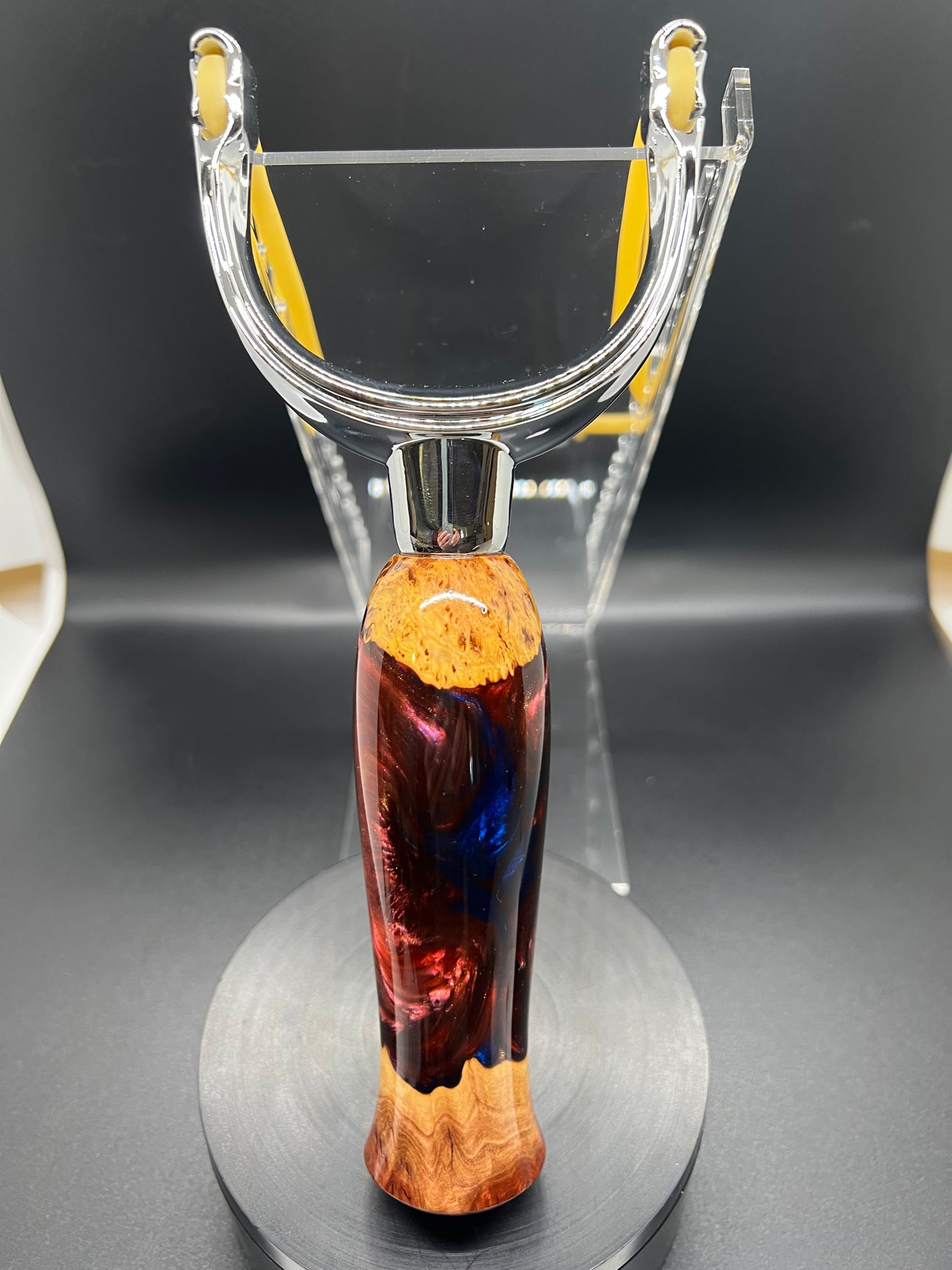 Slingshot-Mallee Burl-Blue and Maroon resin