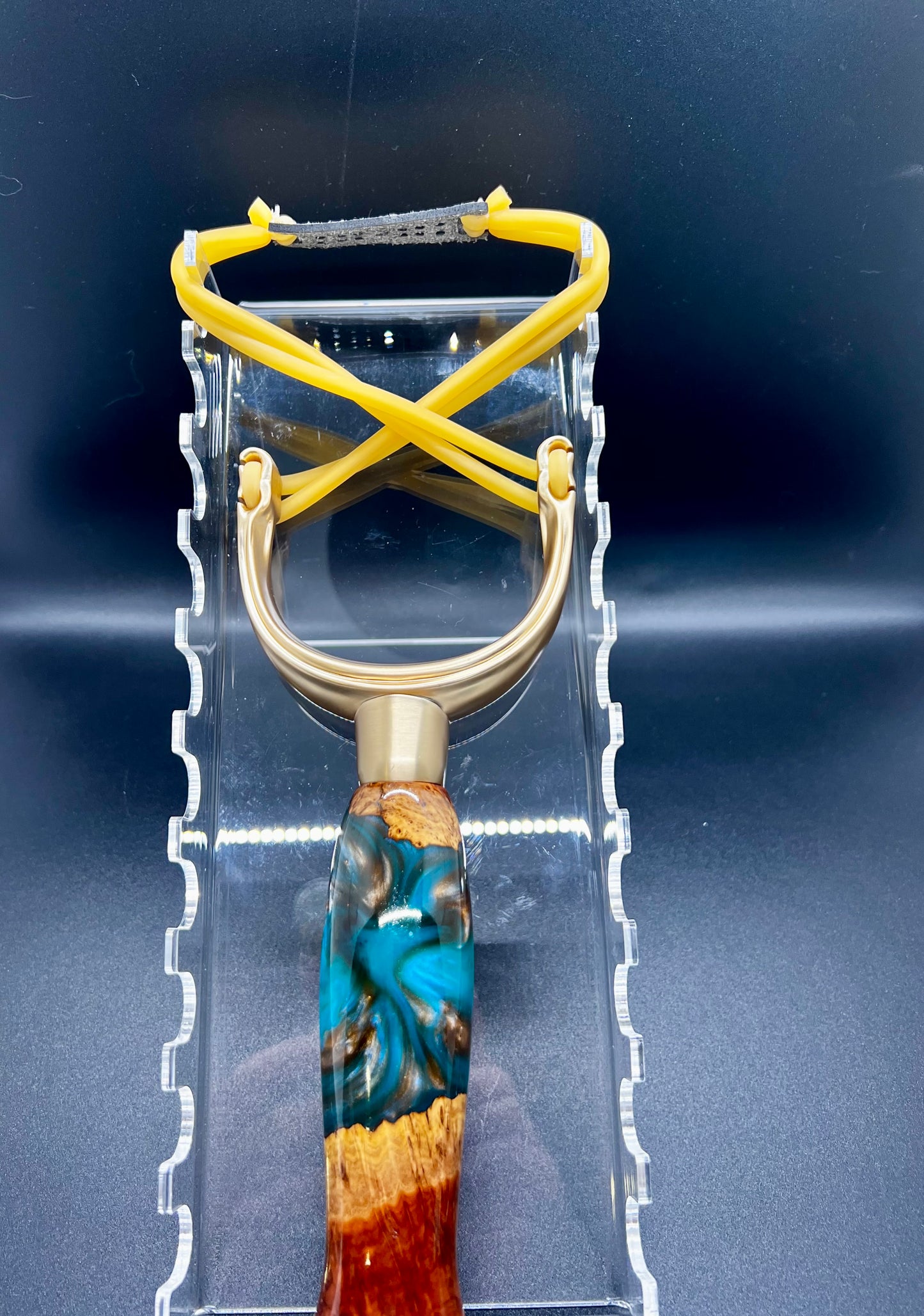 Slingshot-Mallee Burl-Teal, Blue and Copper colored resin